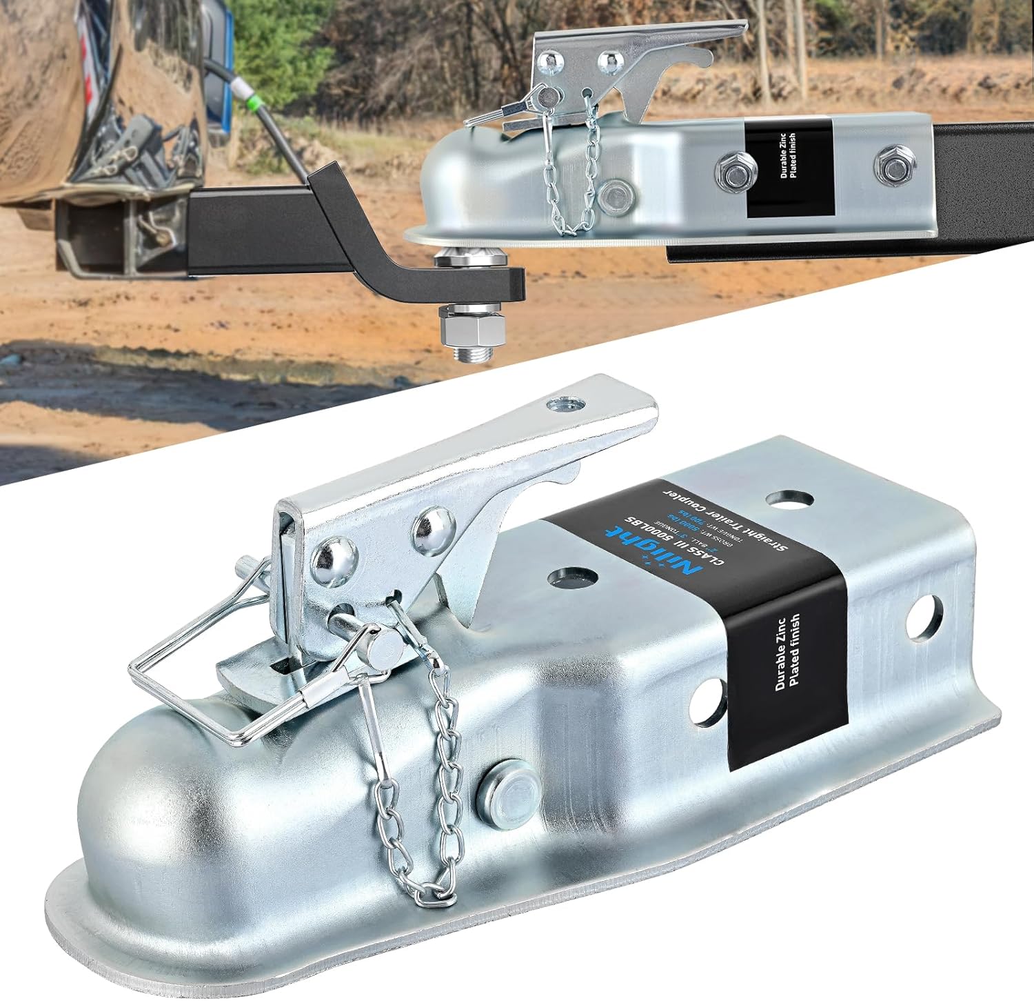 Nilight Straight Trailer Coupler with Security Latch&Chain for 2-Inch Hitch Ball, 3-Inch Channel,3500 LBS,Heavy Duty Trailler Tongue Coupler for Station Wagon, Truck, Bolted & Welded Installation