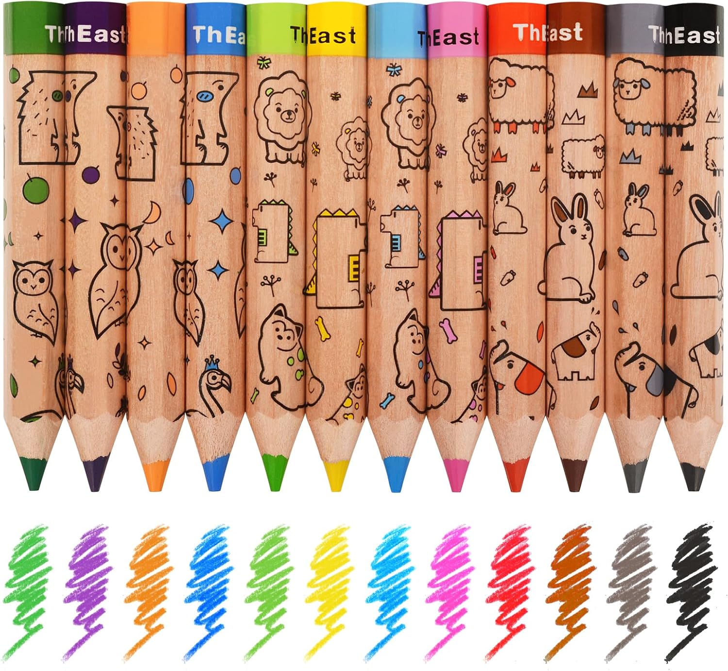 ThEast 12 Short Colored Pencils for Kids, Cute Animal Toddlers Crayons Color Pencil with Sharpener, Preschool Party Favors, Pre-Sharpened(Pack of 1)