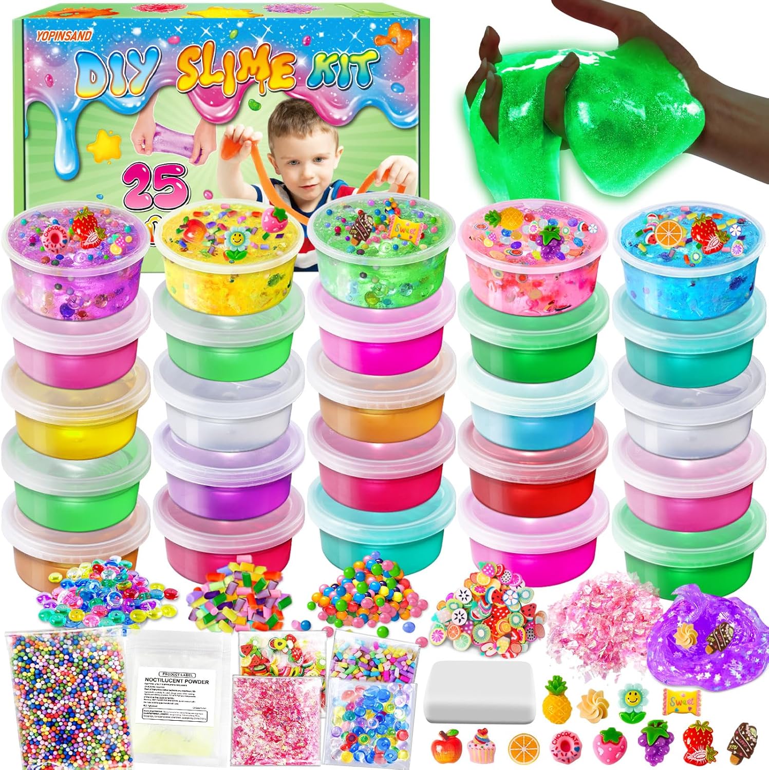 25 Cups DIY Slime Kit Age 3+, Slime Making Kit for Girls, Glow in The Dark, Crystal Clear Slime with Add-ins, Foam Balls, Charms, Party Favors Gift Toys for Kids 3-12