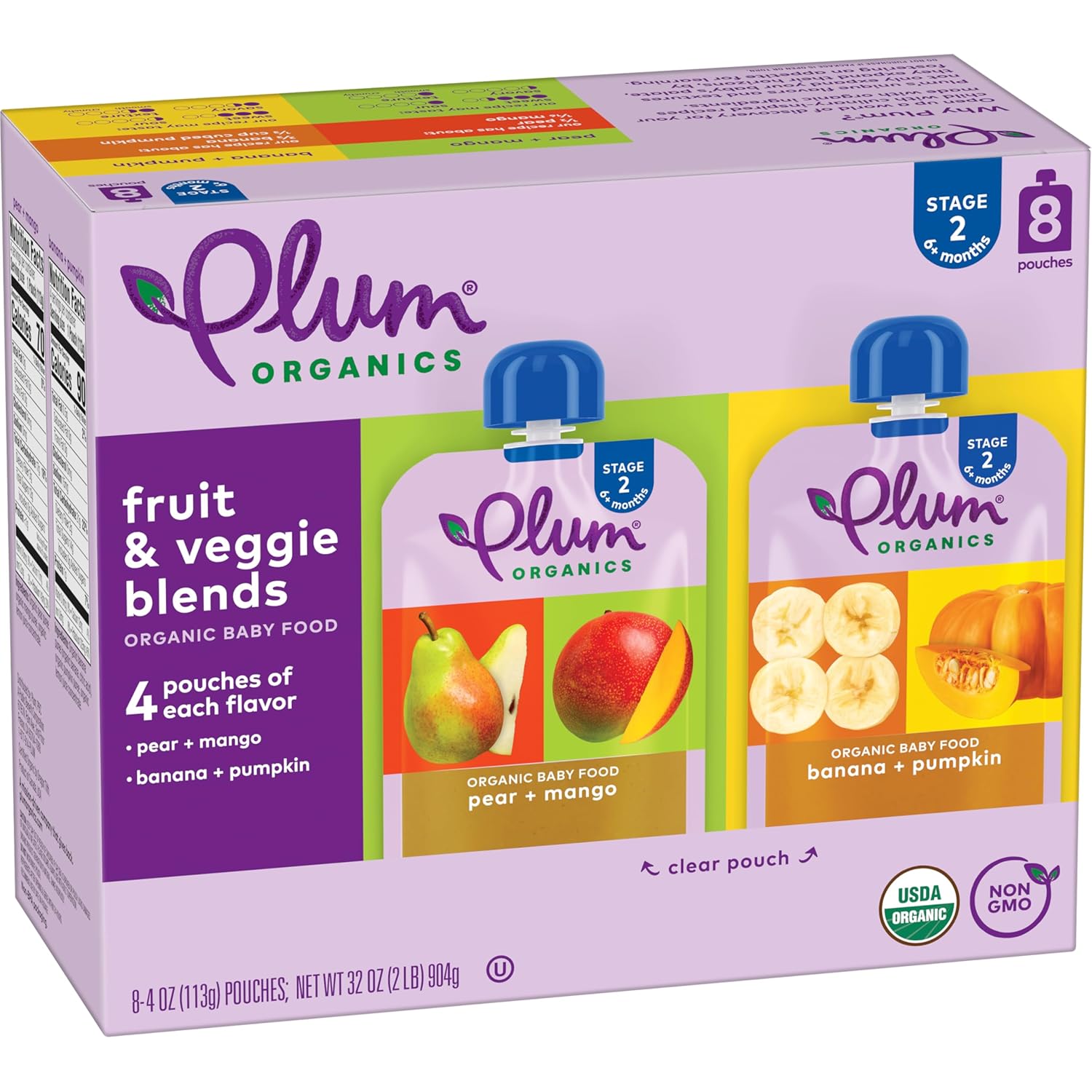 Plum Organics Stage 2 Organic Baby Food - Variety Pack - 4 oz Pouch (Pack of 8) - Fruit and Veggie Baby Food Pouch