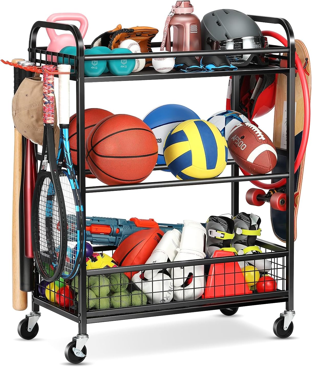 Ball Storage Sports Equipment Organizer - Garage Storage Cart Rolling Ball Storage Rack with Hooks Wheels Outdoor Indoor Gym Gear Toy Holder Bin for Basketball, Baseball, Soccer