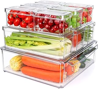 10 Pack Refrigerator Pantry Organizer Bins, Stackable Fridge Organizer Bins with Lids, Clear Plastic Food Storage Bins for Kitchen, Countertops, Cabinets, Fridge, Drinks, Fruits, Vegetable, Cereals