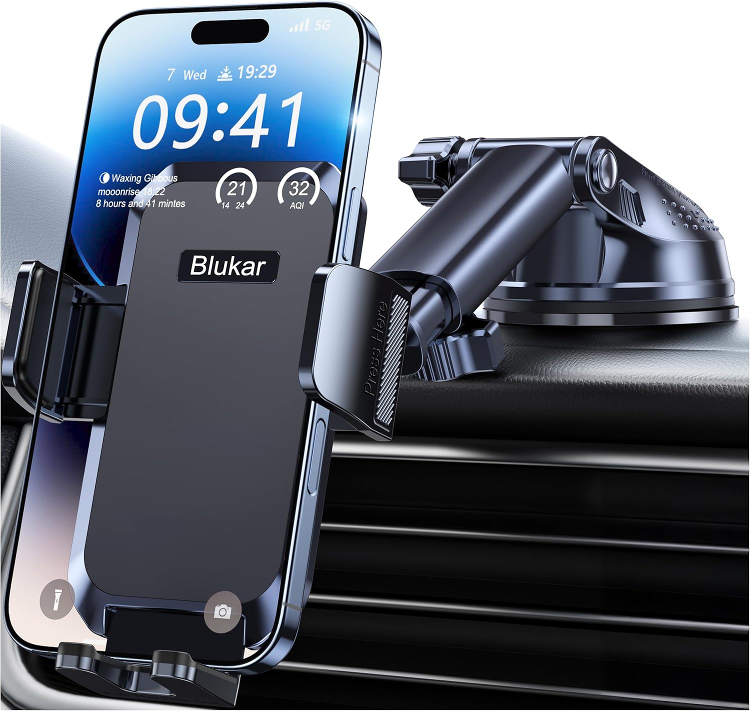 Blukar Car Phone Holder, Adjustable Car Phone Mount 360° Rotation for Dashboard/Windscreen, Upgraded Strong Suction - One Button Release Automobile Cradle for iPhone 4.0''-7.0'' Smartphones