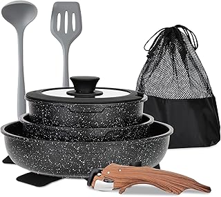 MAISON ARTS Detachable Handle Pots and Pans Set, 10 Piece Nonstick Induction Cookware Sets with Removable Handle, Black Granite Cooking Set, Ideal for Camping and RVs
