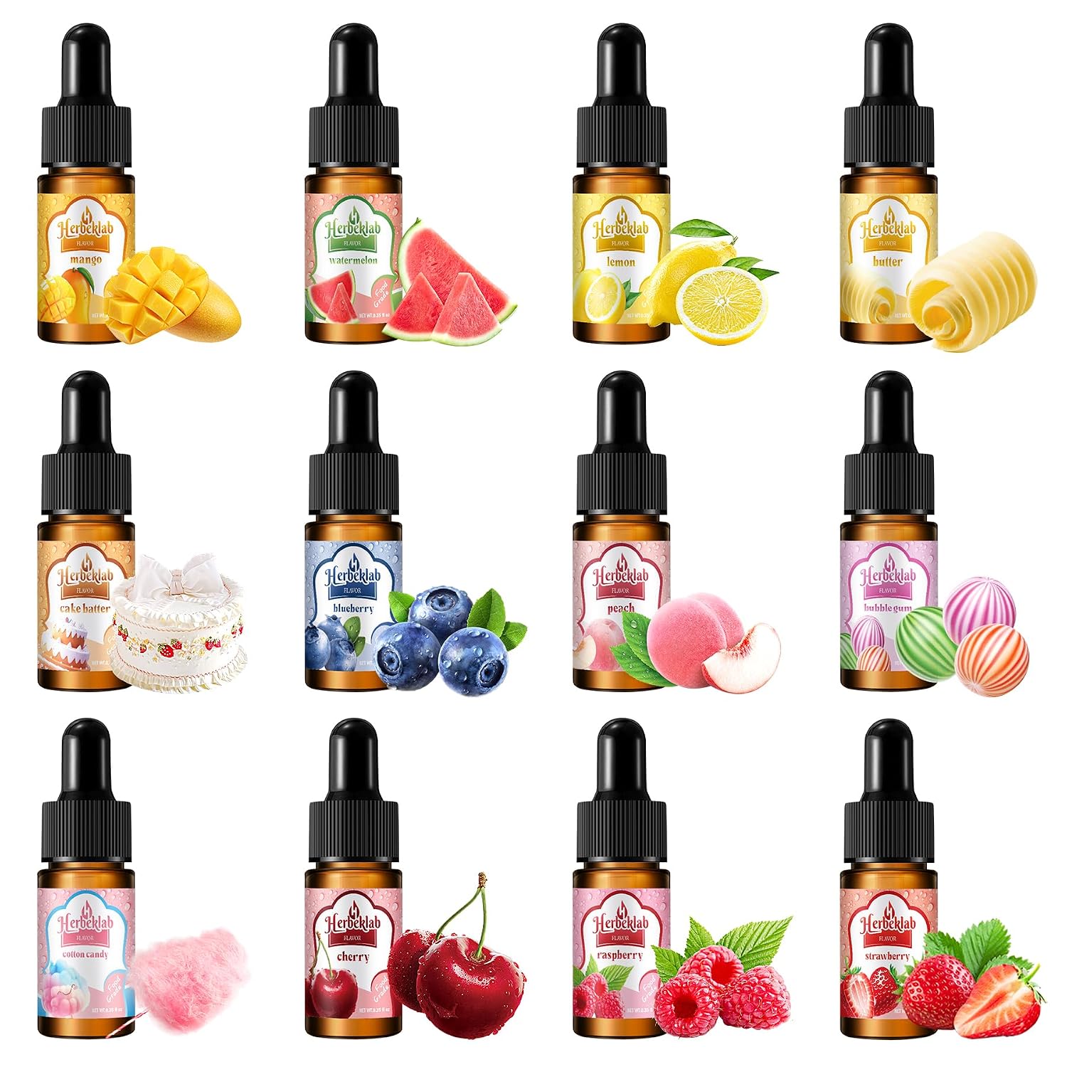 Food Flavoring Oil - Herbeklab Candy Flavoring for Candy Making 12 x 0.35 Fl Oz Extracts and Flavorings for Baking Lip Gloss Flavoring Oil - with Glass Dropper