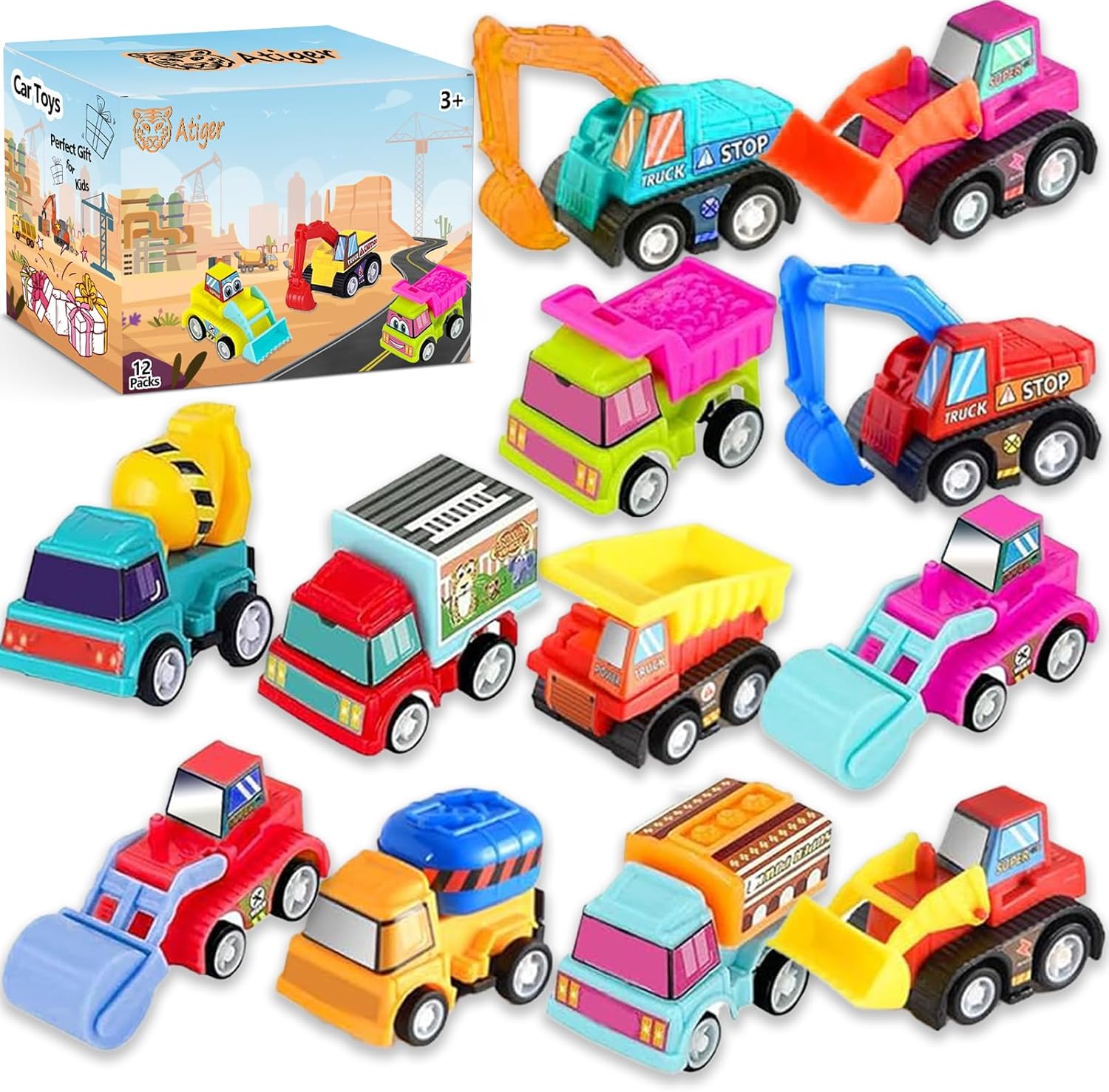 Car Toys for Ages 2-4 Toddler, 12pcs Pull Back Cars Truck Vehicles Set for Boys Girls, Mini Assorted Construction Vehicle Toy Party Favors, Potty Training Reward for Kids