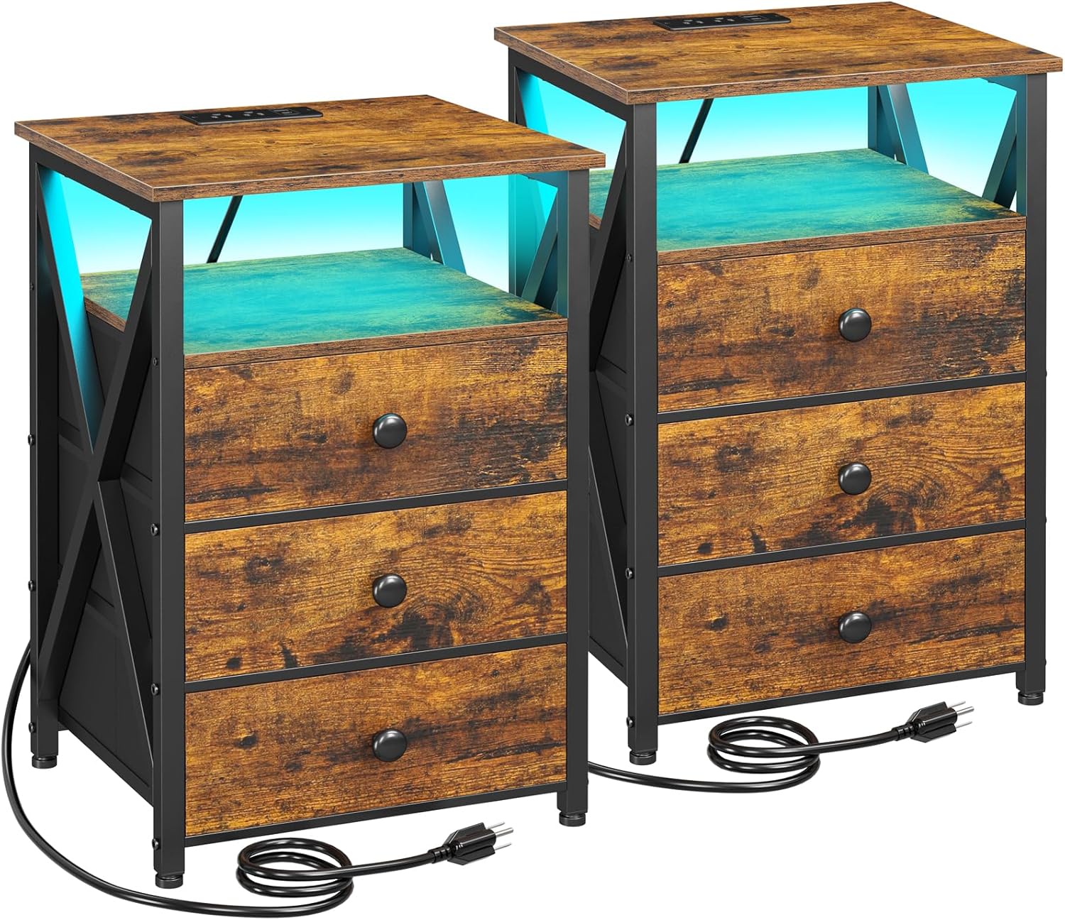 AMHANCIBLE Night Stand Set 2, LED Nightstand with Charging Station, End Side Tables with USB Port & Outlet, Bedside Tables with Fabric Drawers for Bedroom Living Room, Rustic Brown HET053LBR