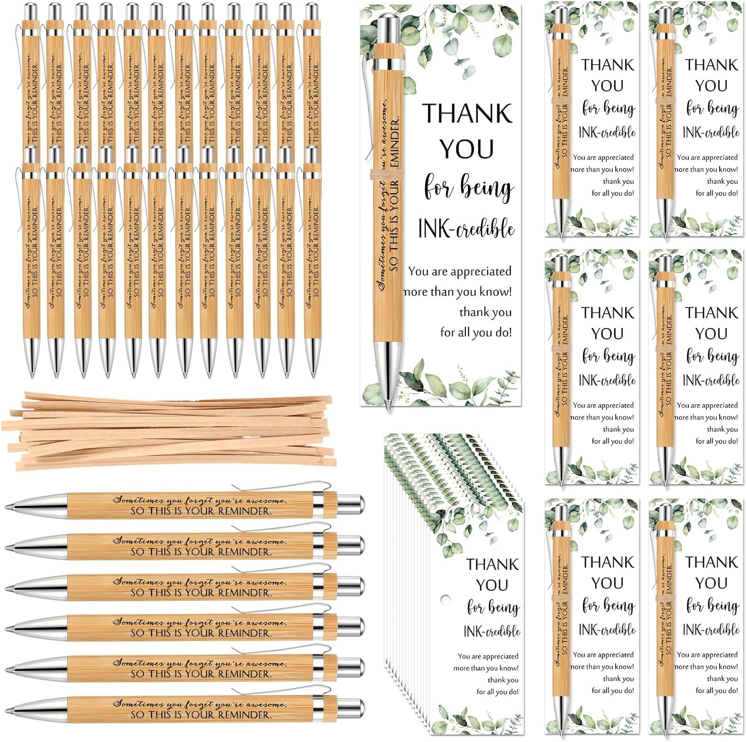 Yeaqee 36 Sets Employee Appreciation Gifts Bulk Thank You Gift Office Bamboo Pen with Inspirational Cards for Team Coworker Teacher Volunteer Nurse (Your Reminder)