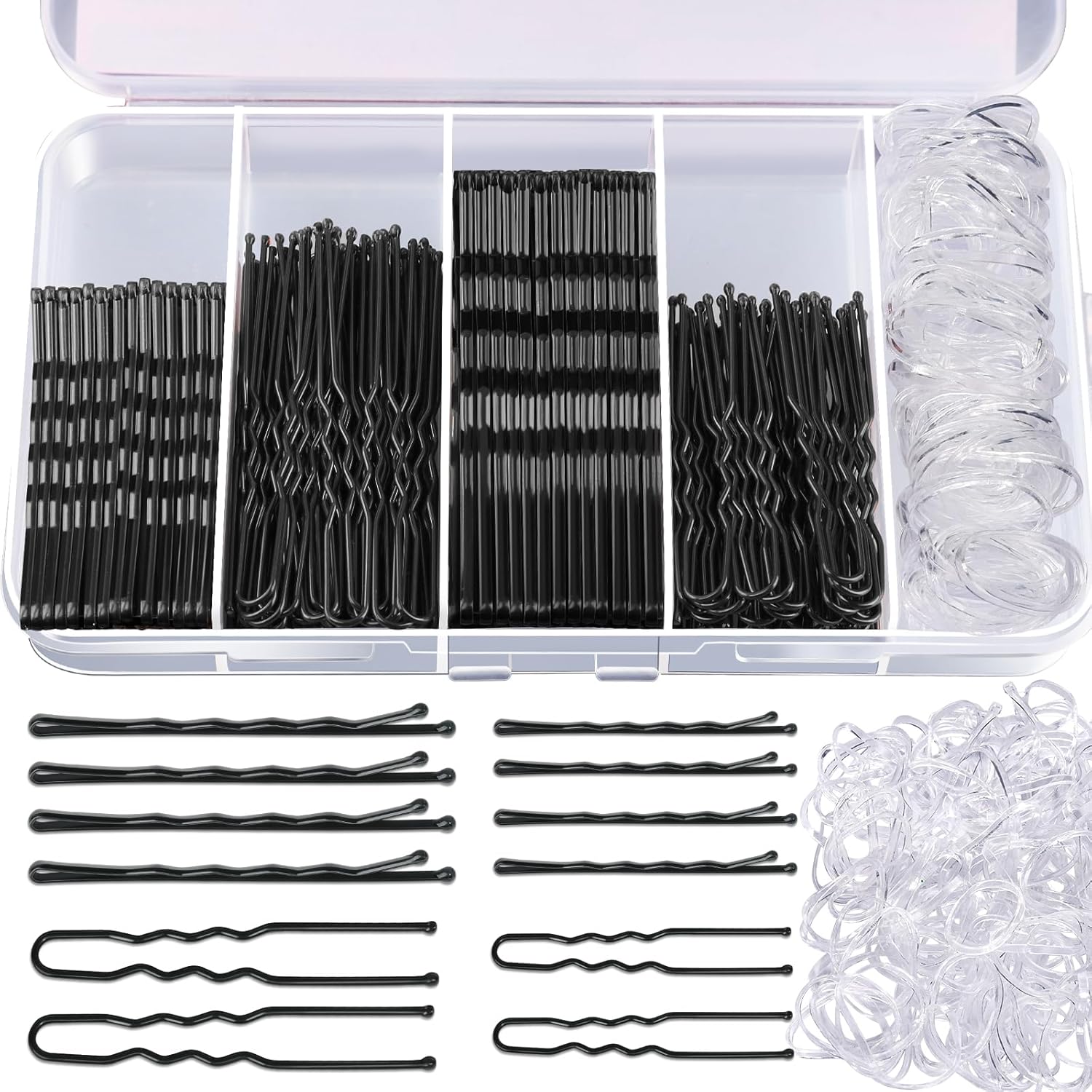 Teenitor 300pcs Hair Pins Bobby Pins Black, 100 Black Bobby Pins 100 Hair Pins for Women and 100 Clear Hair Bands Kit, U Pins for Buns 2" 2.36" and Bobby Pins 2" 2.75"