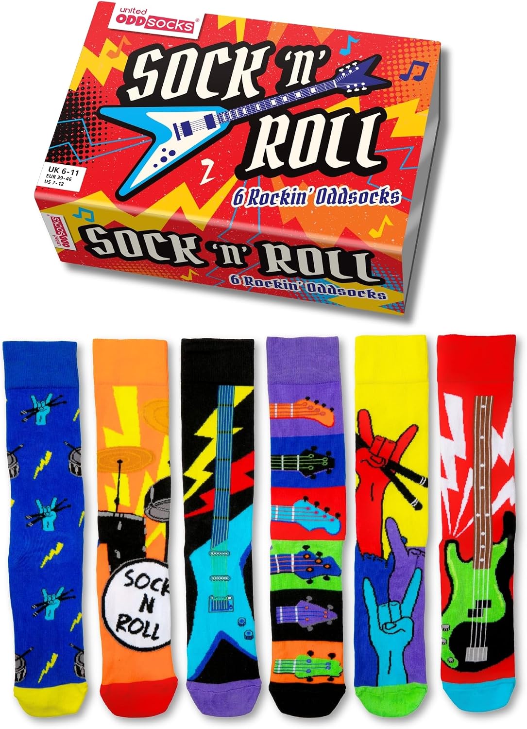 United Oddsocks Sock 'n' Roll Gift Box, 6 Colourful Rock Music Odd Socks for Men, Mix & Match Guitar Drum Band Novelty Socks, Cotton-Rich Crew Socks Gift Set for Men, UK 6–11, EUR 39–46, US 7–12