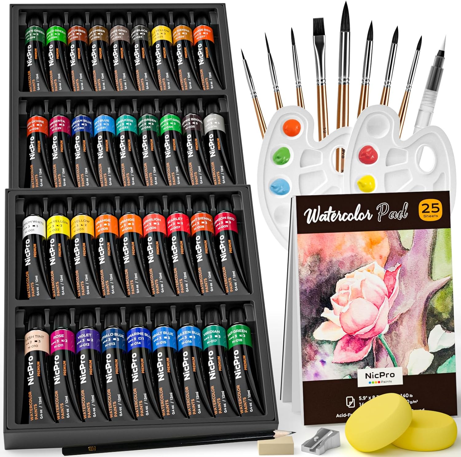 Nicpro Watercolour Paint Kit, Professional Painting Supplies Set 36 Tube Water Color Paints, 8 Synthetic Squirrel Brushes, 25 Paper Pad, Palette, Color Wheel for Artists, Beginners, Adults