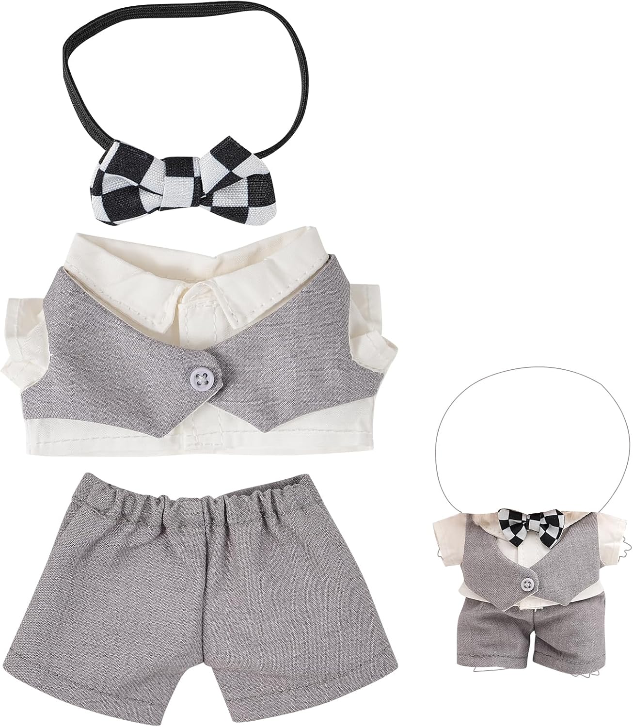 Cute Gray Suit Outfit for 6.7 Inch Dolls – Fits 1st/2nd/3rd Gen 17cm Dolls, Gentleman Style Shirt, Shorts and Check Bow Tie Set, Doll Clothes for Display or Gifting