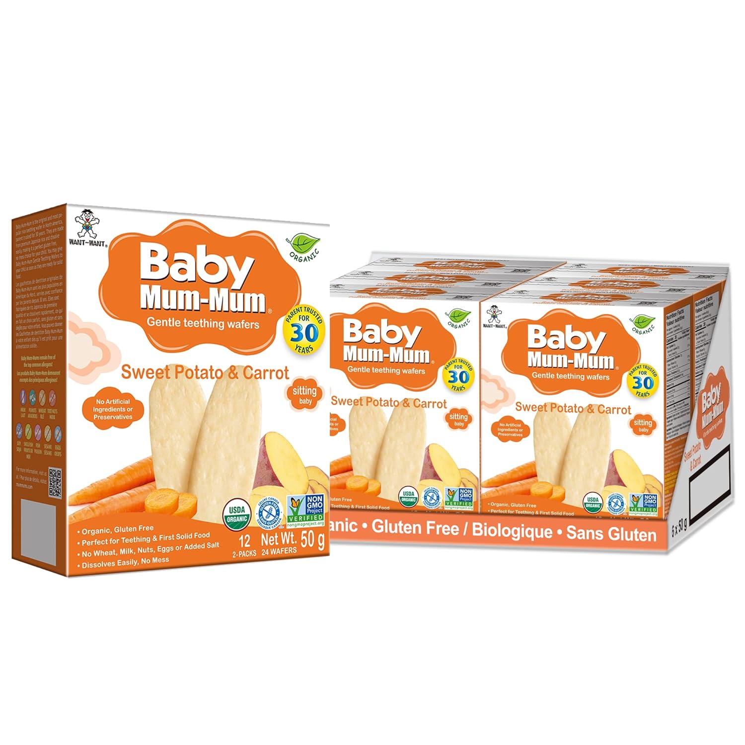 Hot-Kid Baby Mum-Mum Rice Rusks, Organic Sweet Potato & Carrot, 24 Pieces (Pack of 6)