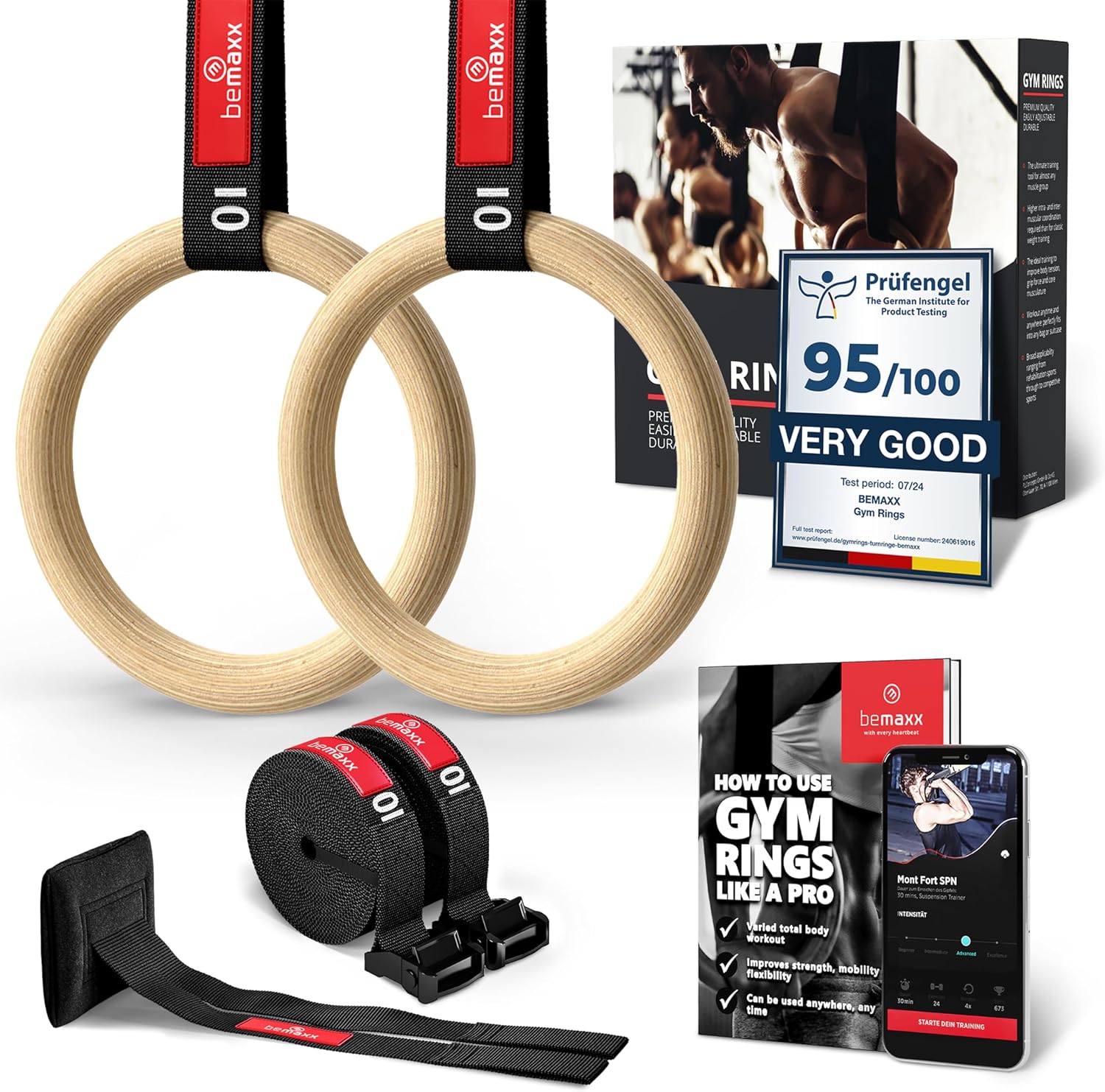 Gymnastic Rings Set Wood + Door Anchor Attachment, Exercise eBook & Adjustable Safety Straps + Length Markings | Wooden Olympic Gym Gymnastics Athletic Fitness | Home Workout Muscle Training Equipment