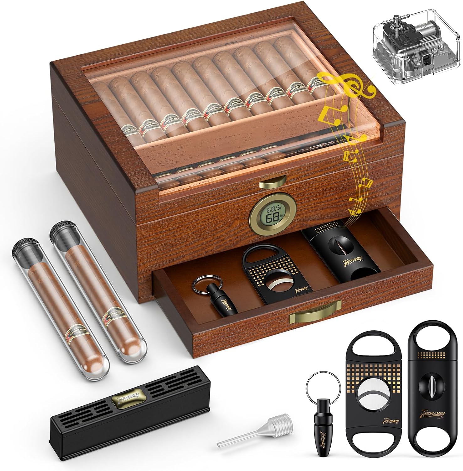 Tesonway Cigar Humidor, Glass Top Cedar Cigar Box with Music System