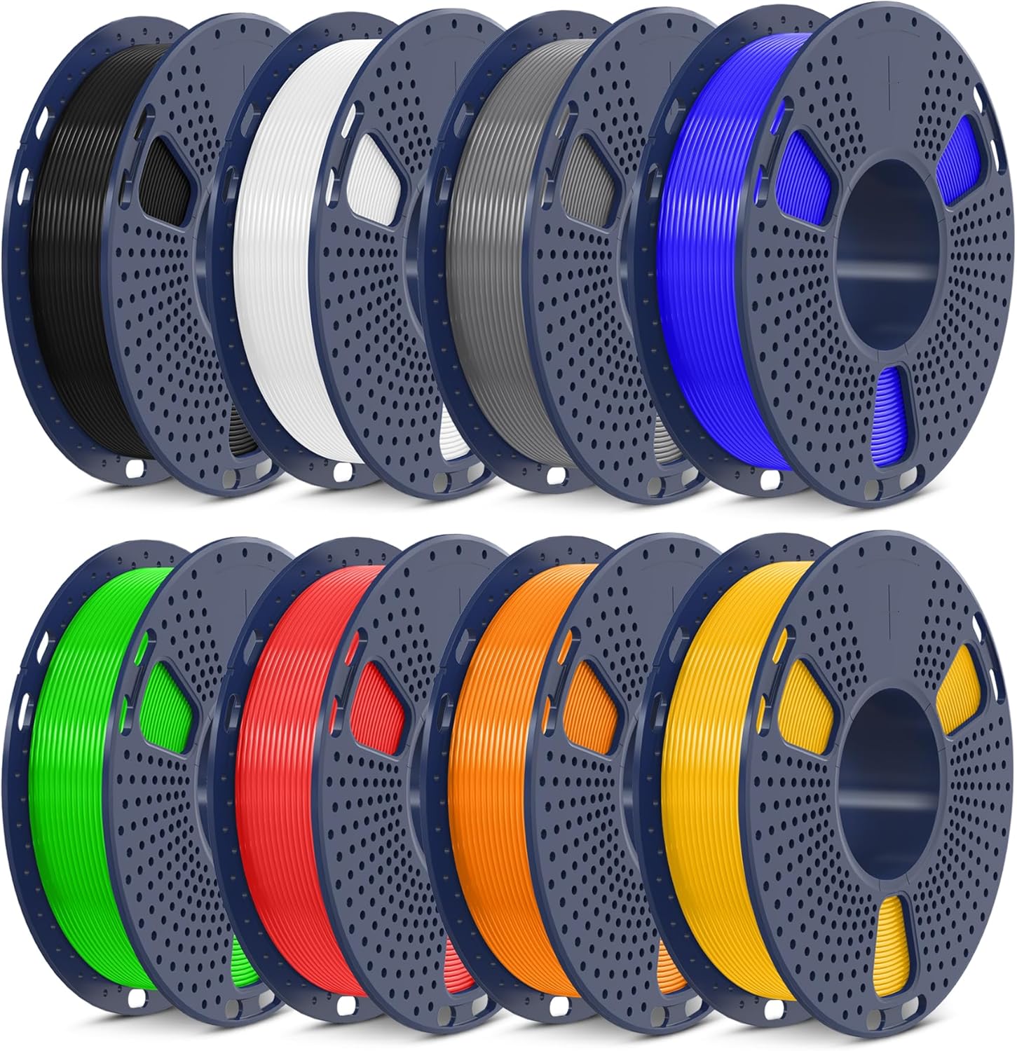 SUNLU 3D Printer PLA+ Filament Bundle, Muticolor PLA Plus Filament 1.75mm, 250g Each Spool, Total 2KG, Individually Vacuum Packed, 8 Packs, Black+White+Grey+Blue+Green+Red+Orange+Pure Yellow