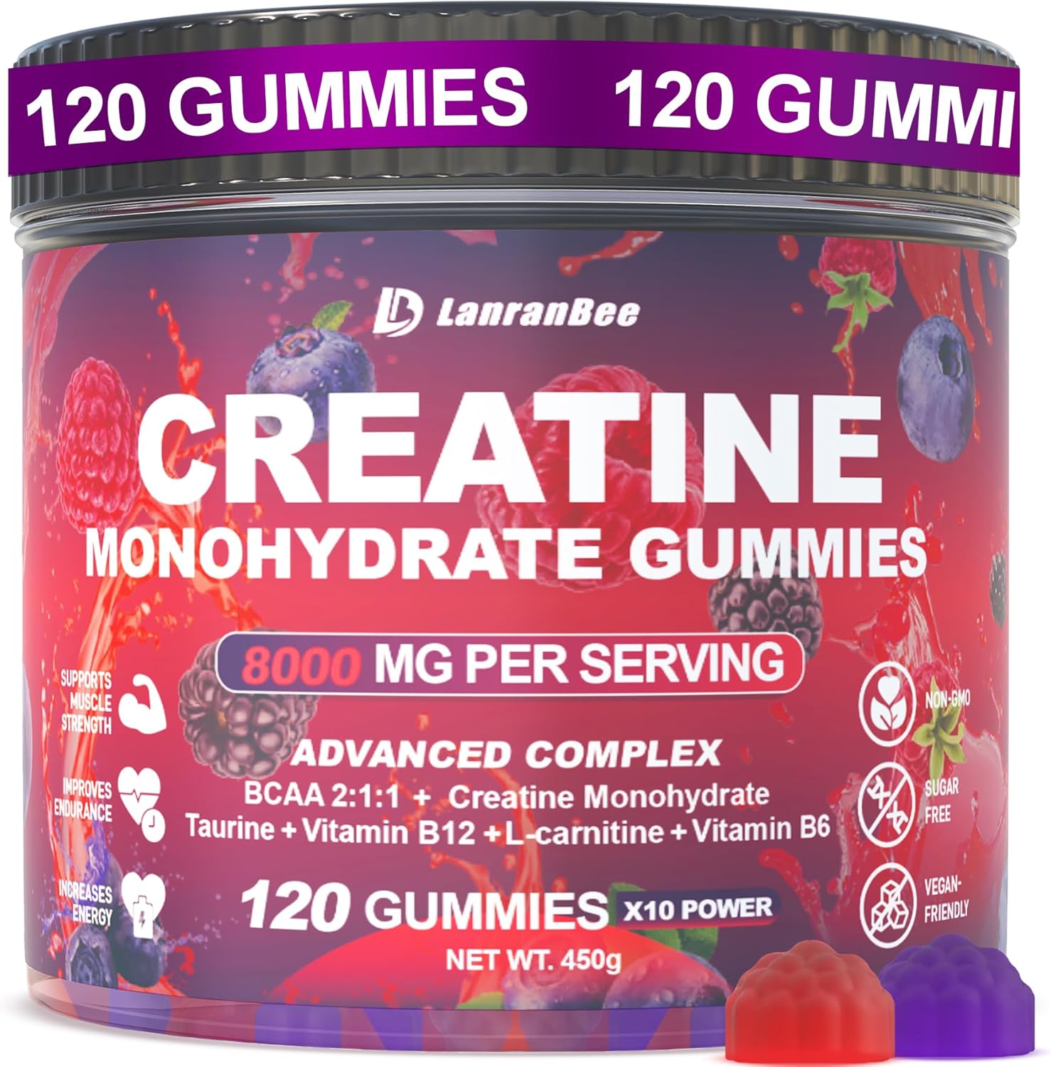 Creatine Monohydrate Gummies 8000mg with L-Carnitine & Taurine, Raspberry BlackBerry Blueberry Flavor – Pre-Workout Supplement for Muscle Strength, Energy Boost – Sugar Free, Vegan, 120 Count