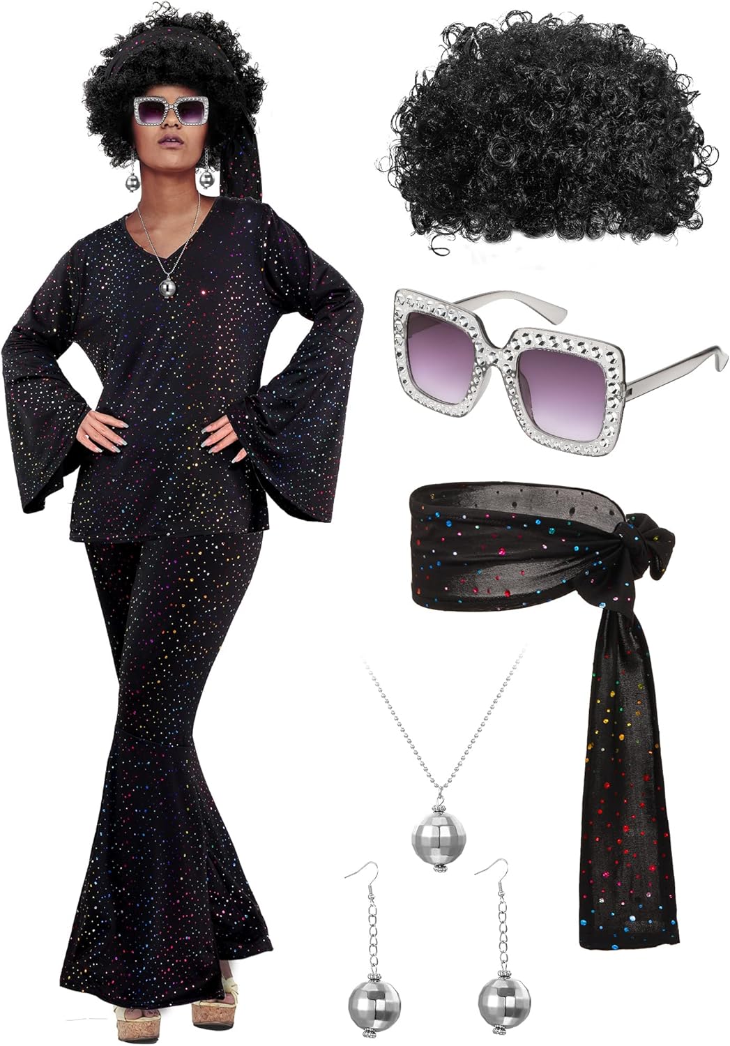 Jexine Halloween 70s Women Disco Costume Set Disco Party Top Pants Sunglasses Ball Necklace Earring Wig