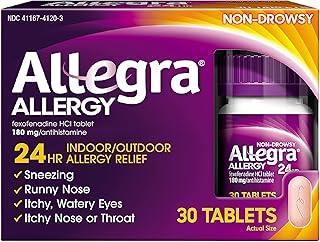 Allegra Adult 24HR Non-Drowsy Antihistamine, 30 Tablets, Fast-Acting Allergy Symptom Relief, 180 mg