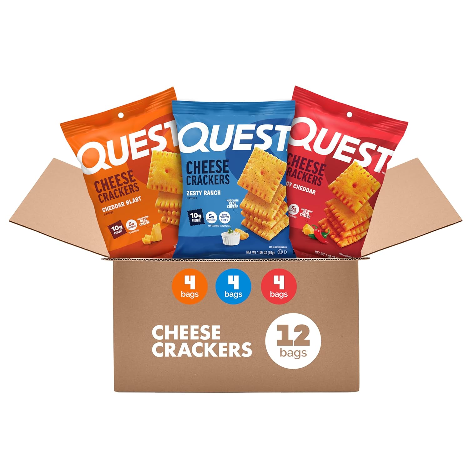 Quest Cheesy Protein Crackers Variety Pack, Zesty Ranch, Cheddar Blast, Spicy Cheddar, High Protein, Low Carb, 12 Count (4 each flavor)