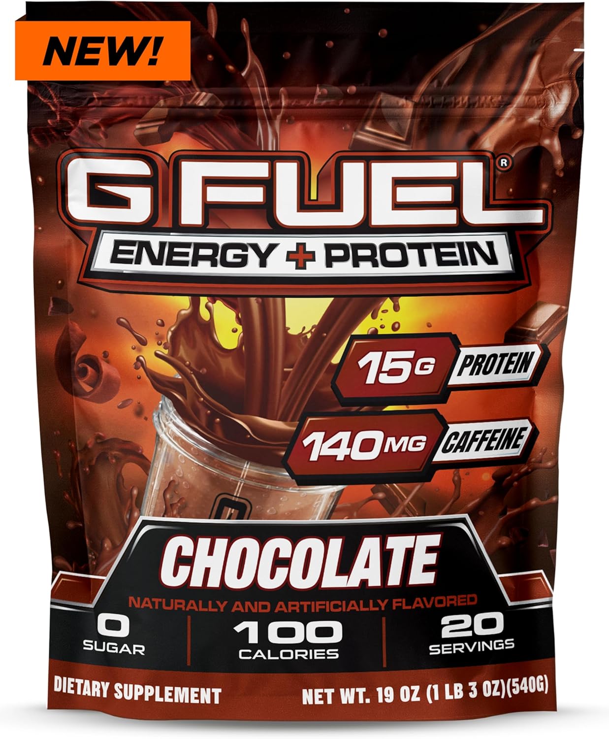 G Fuel Protein + Energy Drink Powder, Pre Workout Caffeine Mix for Gaming, Sugar Free Focus Amino, Vitamin + Antioxidants, 19oz (Chocolate, 20 Servings)