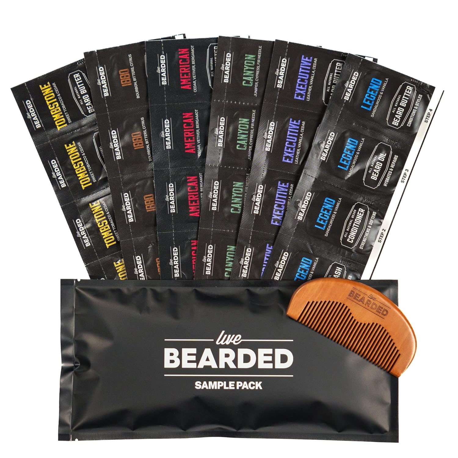 Live Bearded All-Natural Men's Beard Grooming Kit Sample Pack - Discover Your Signature Scent with 6 Different Fragrances, Includes Oil, Beard Butter, Wash, Conditioner, Wooden Comb & Bonus Gift