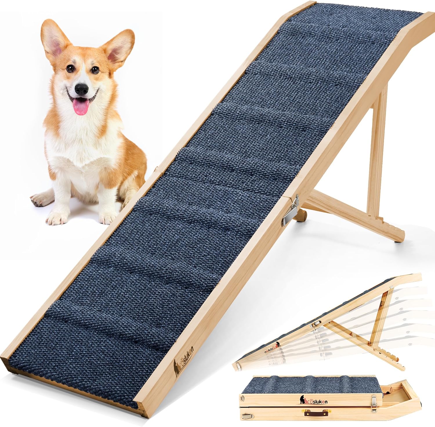 𝟐𝟎𝟐𝟓 𝐔𝐩𝐠𝐫𝐚𝐝𝐞𝐝 Dog Ramp for Bed, 64" Long Foldable Pet Ramp for Small Large Dogs, Dog Ramps for High Beds Car, High Traction with Platform 6 Adjustable Heights 24" to 30" Up to 220LBS, Wood