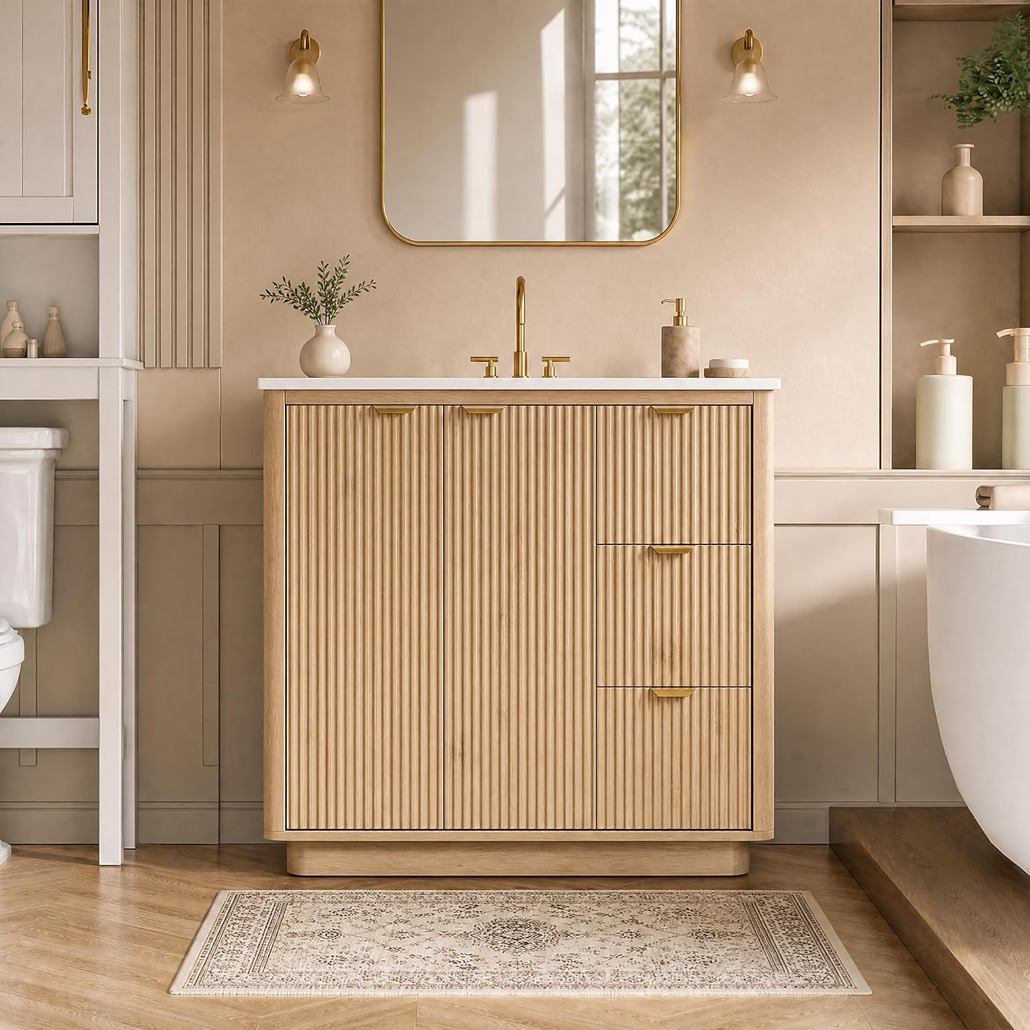 36" Bathroom Vanity with Sink, Floor-Standing PVC Waterproof Cabinet, Curved Panel Design, Integrated Ceramic Basin with Standard 3-Hole Faucet, 4-Inch Hole Spacing,Spacious Drawers,Oak Grain