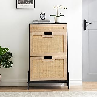 IDEALHOUSE Natural Rattan 2 Flip Door with 1 Drawer Shoe Cabinet Organizer Freestanding, Modern Shoe Rack Storage Organizer with 3-Tier Adjustable Shelves for Entryway, Closet, Hallway