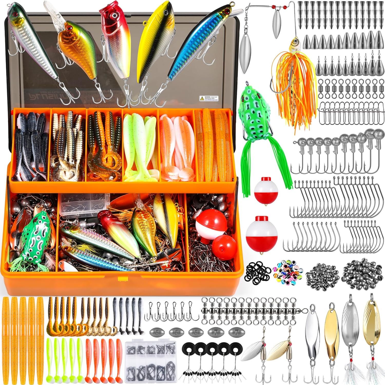 PLUSINNO 353/404 PCS Fishing Lures, Upgrade Fishing Tackle Box with Tackle Included, Crankbaits, Hooks, Weights, Other Accessories, Fishing Lure Bait Gear Equipment Kit Gift for Men Freshwater Bass