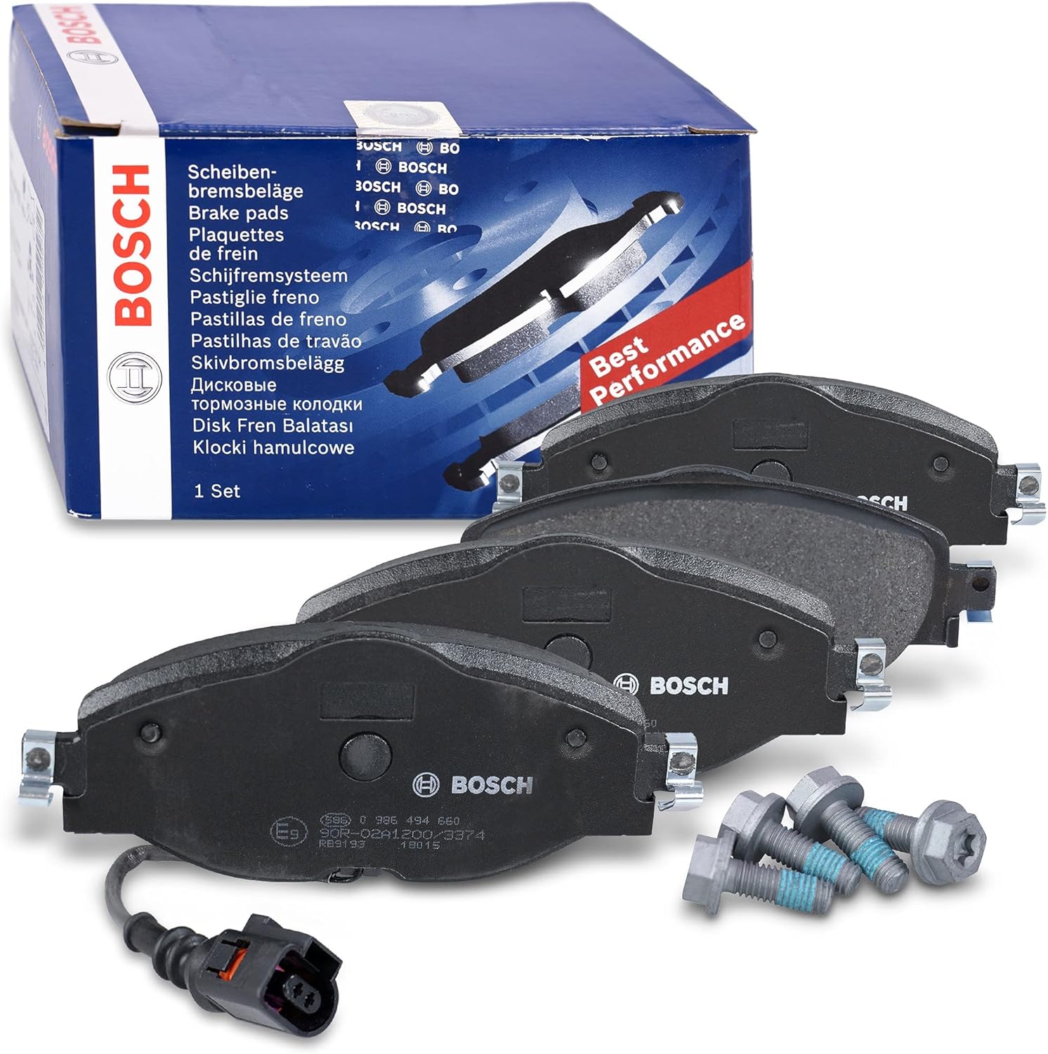 Bosch BP1505 - Brake Pads Car Front Axle - Bosch Quality - Reduced Noise and Dust - ECE-R90 Certified - Copper-Free - 1 Set of 4 Pads - With Accessories