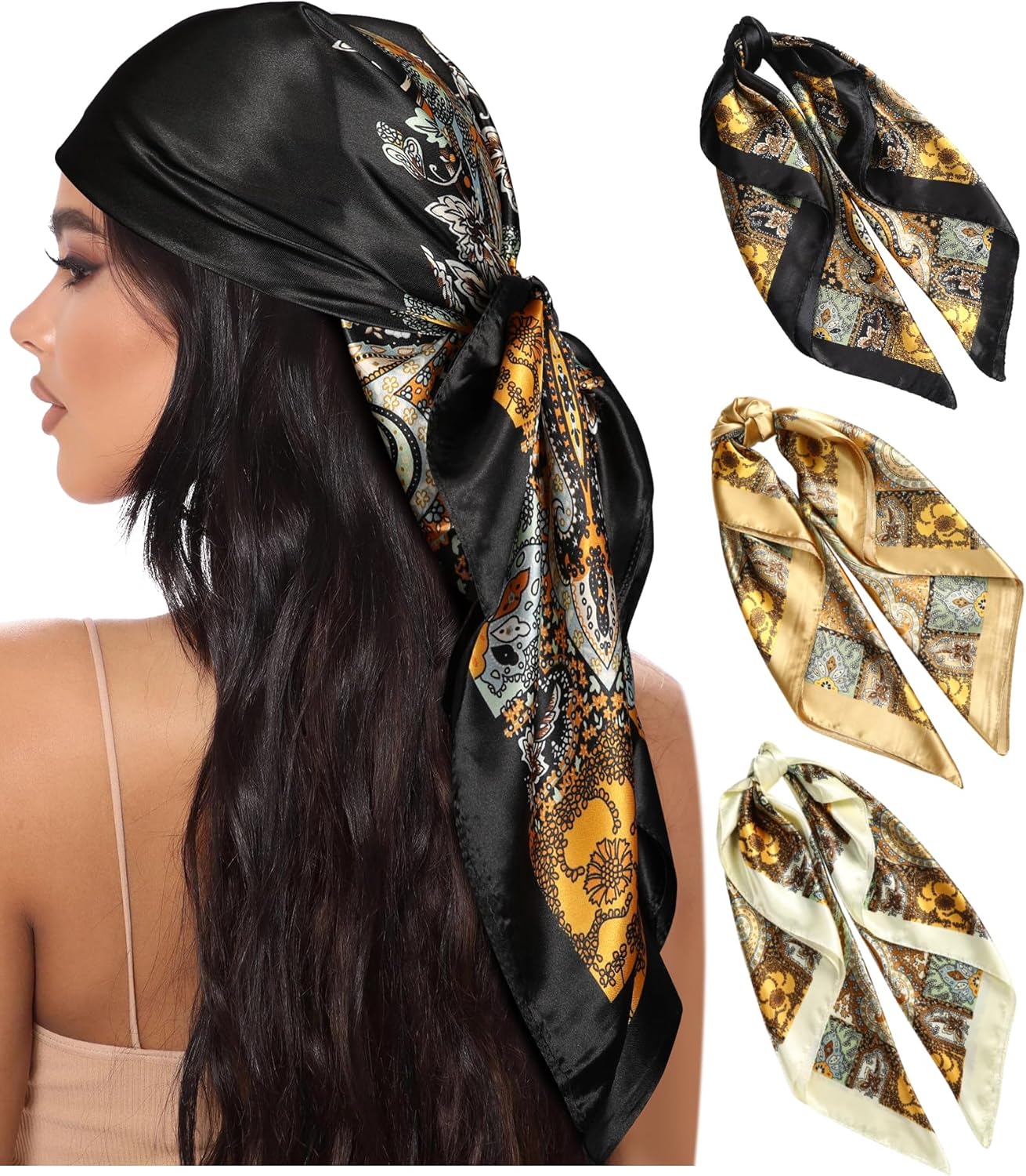 AWAYTR 35” Large Square Satin Head Scarf - 3Pcs Satin Hair Scarves Silk Bandana Scarf Headscarf Silk Feeling Scarf for Women