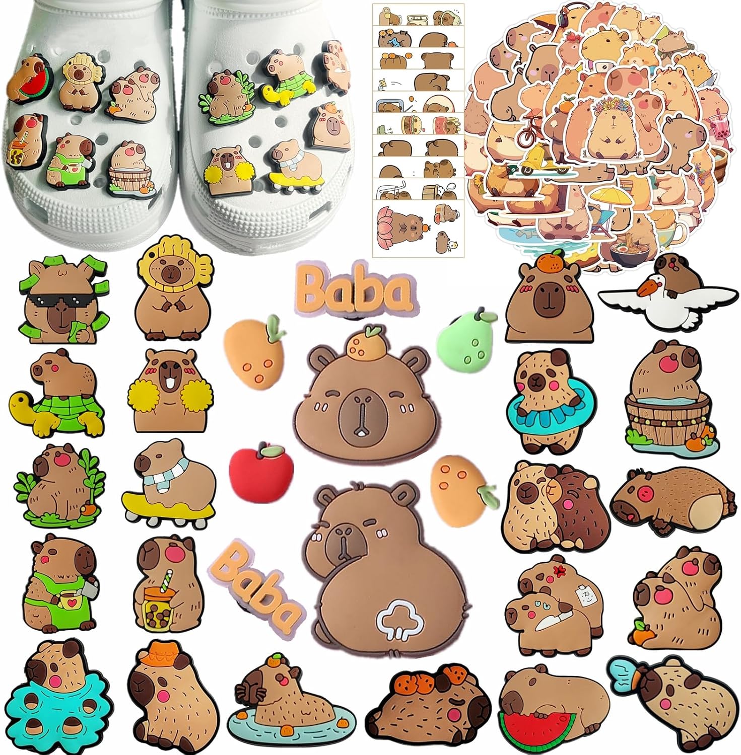 30pcs Capybara Shoe Charm for Sandals PVC Cute Cartoon Charm Decorations for Clog Rubber Beach Tote Bag Bracelet Wristband Party Gifts with 50 Capybara Stickers 10 Tattoo Stickers