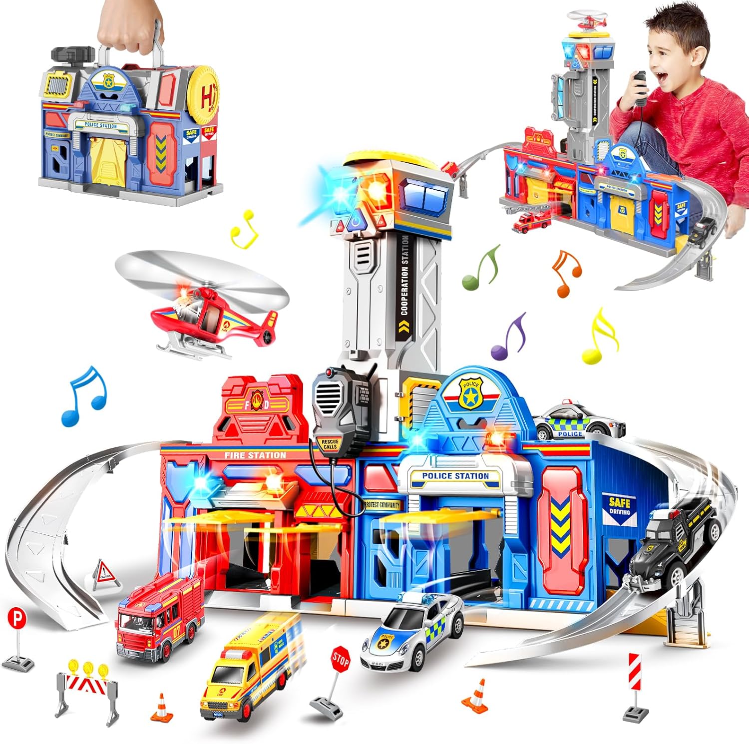 Kids Toys for 3 4 5 6 Years Old Boys,29.5'' Large City Action Rescue Vehicle Toddler Playset with Lights Sounds,Police & Fire Station Transform Track with 4 Cars Helicopter Gifts for Boy Girl