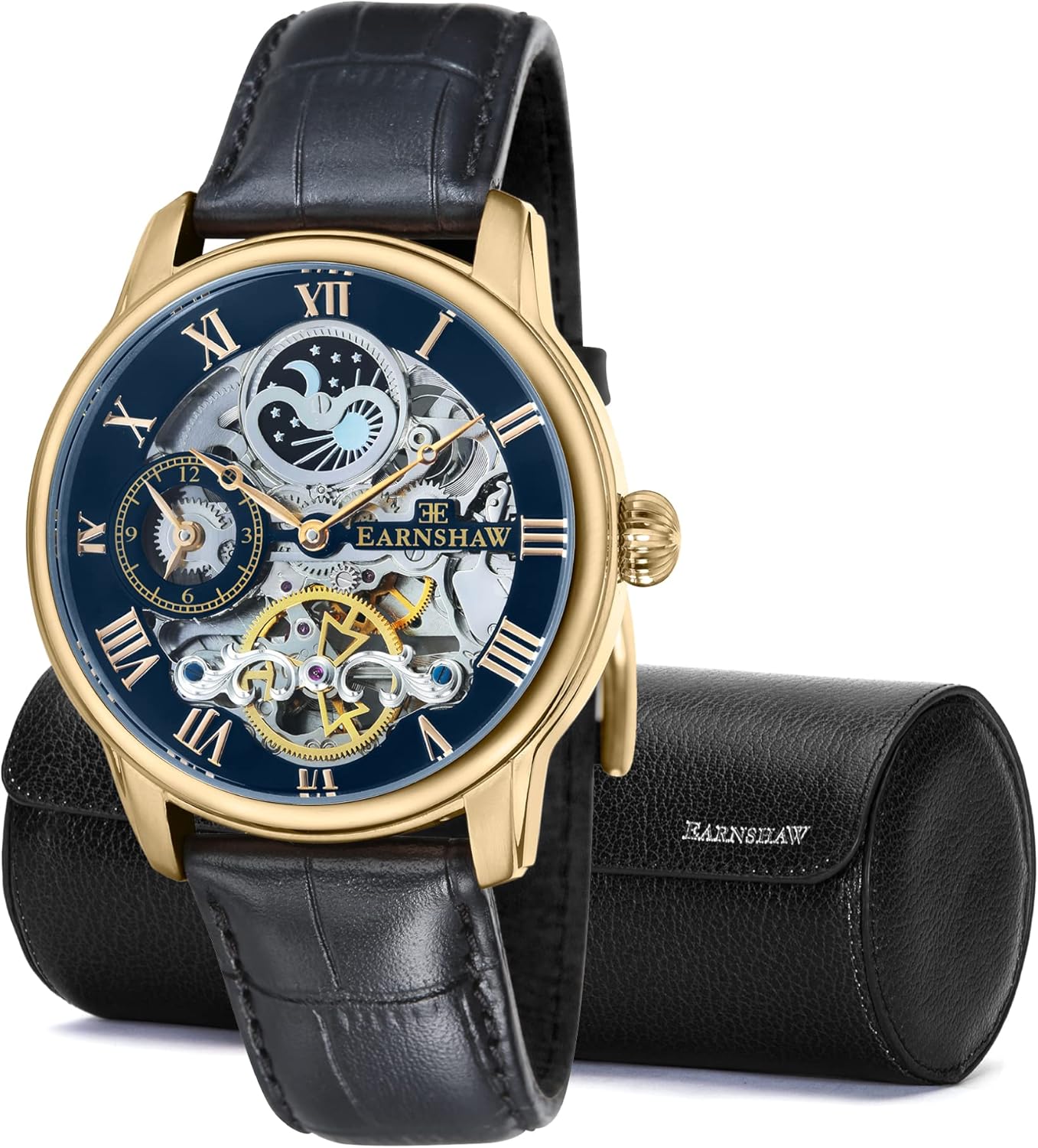 Thomas Earnshaw Mens 44mm Longitude Dual Time Automatic Skeleton Watch with 12 Hour Dual Time, Sun & Moon Display and Decorated Rotor
