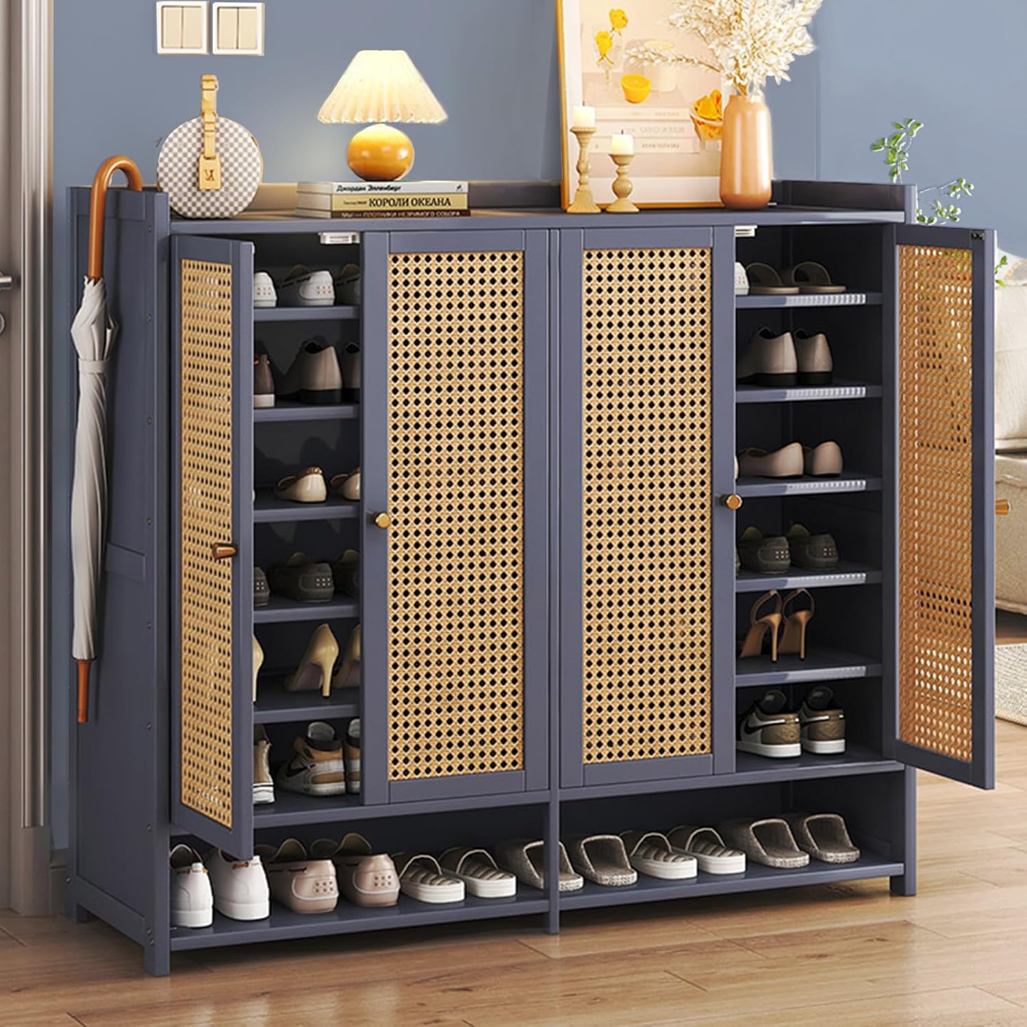 8 Tier Bamboo Shoe Storage Cabinet with Doors, 38-40 Pairs Shoe Rack for Closet, Freestanding Shoe Storage Cabinet for Hallway Living Room (Grey)
