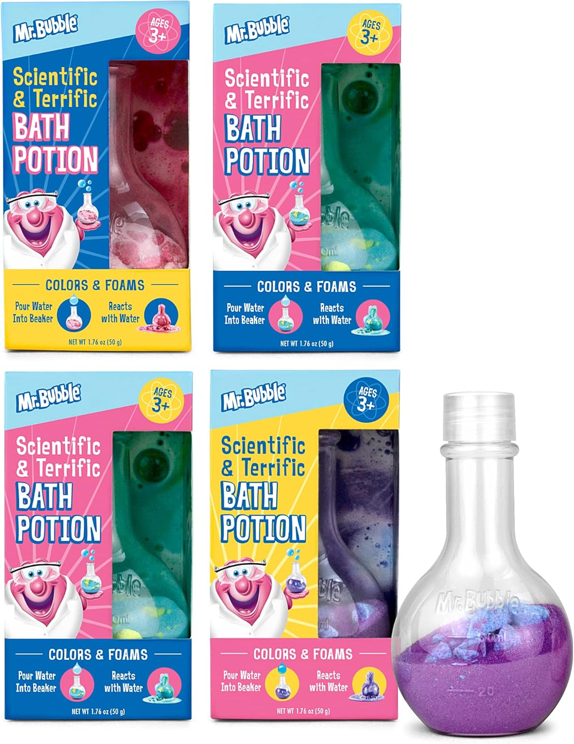 Mr. Bubble The Original Kids Bath Bomb Potions - Colorful Fizzy Fun - Cool Foam and Bubble Science Beaker for The Bath (Pack of 4)