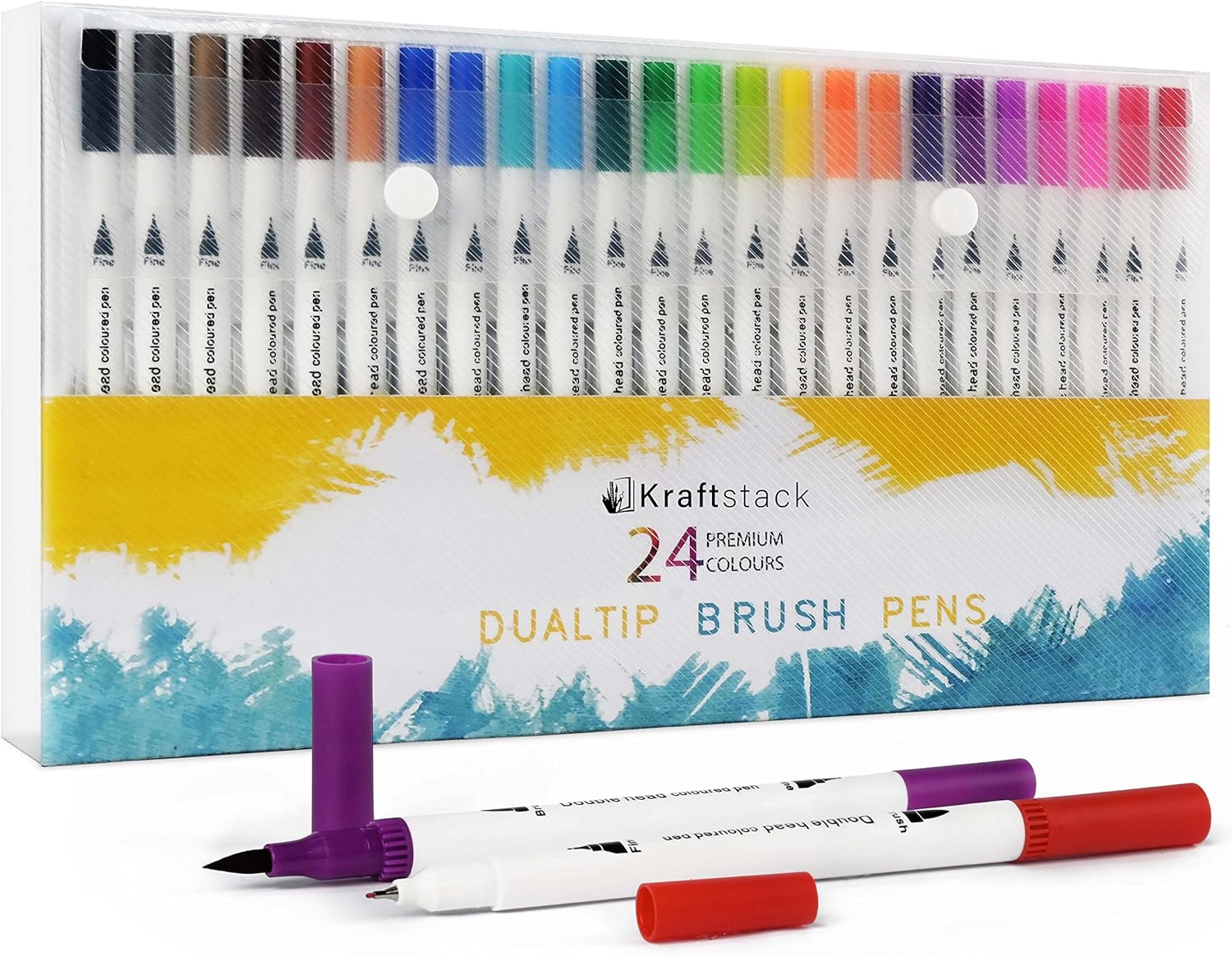 Kraftstack Dual Tip Colouring Pens for Adults and Children (Pack of 24) Dual Tip Brush Pens, Felt Tips for Adult Colouring