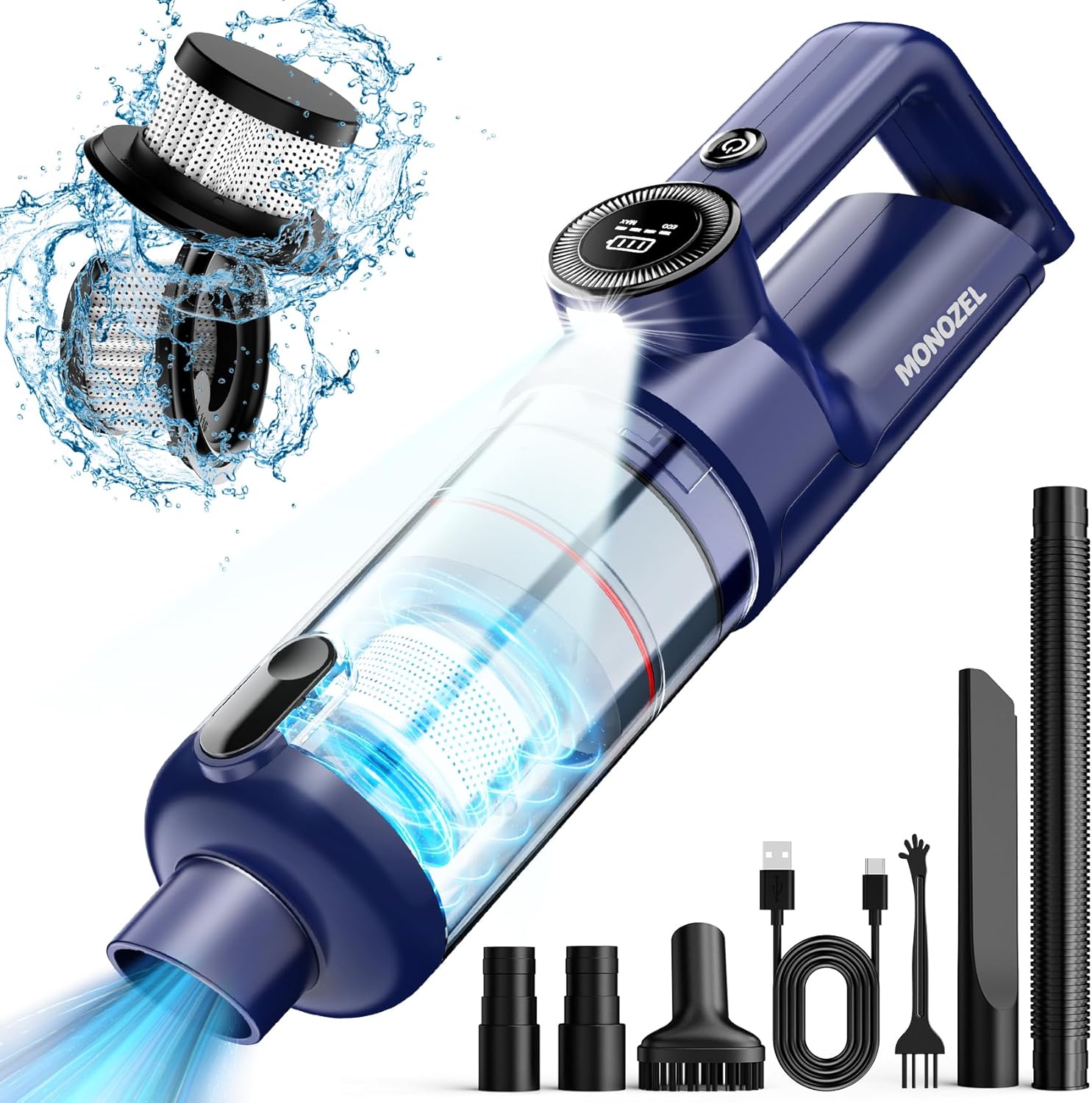 Handheld Vacuum Cordless - Car Vacuum Cleaner with Brushless Motor, 15000Pa Strong Suction, LED Light, Type C Cable, 2 Fliters, Portable Hand Vacuum for Home, Pet and Car