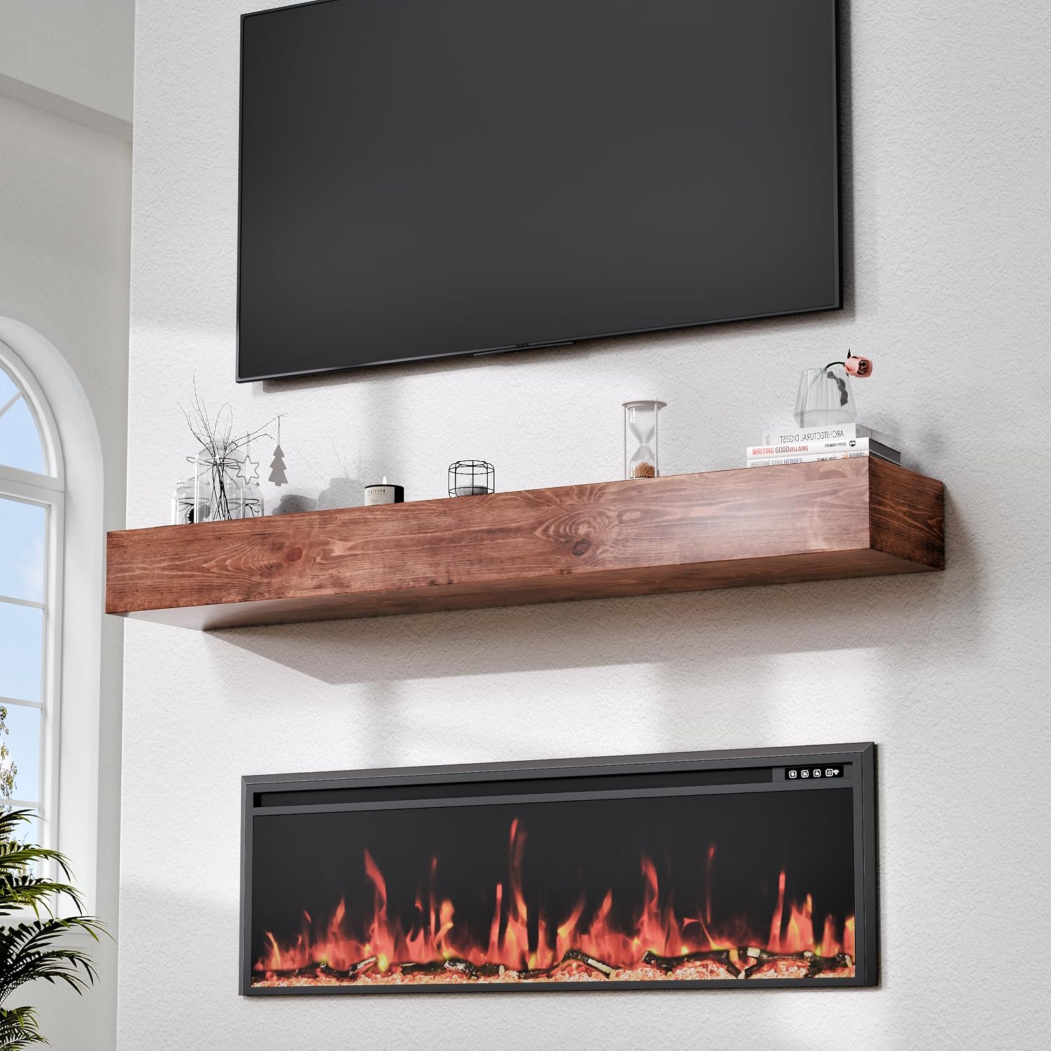 60 Inch Fireplace Mantel Shelf - 8" Deep Solid Wood Floating Mantel for Over Fireplace - 90LBS with Invisible Bracket - Handcrafted TV Decor for Livingroom & Bedroom - Walnut