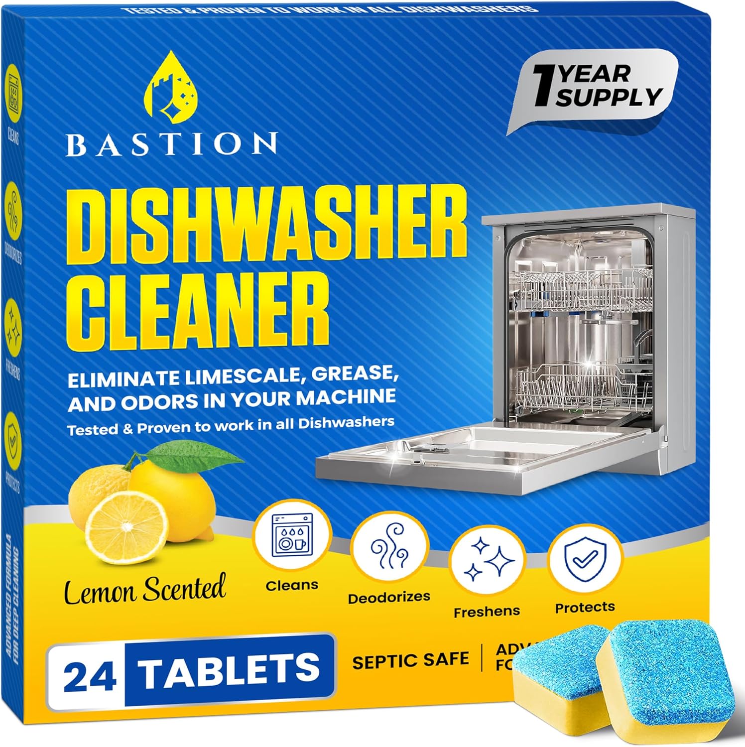 Dishwasher Cleaner Tablets - 24 Tablets (1-Year Supply) Lemon-Scented, Heavy Duty Cleaning Descaler Pods for Dish Washer, Deep Cleans & Maintains Your Dishwashing Machine for Optimal Performance