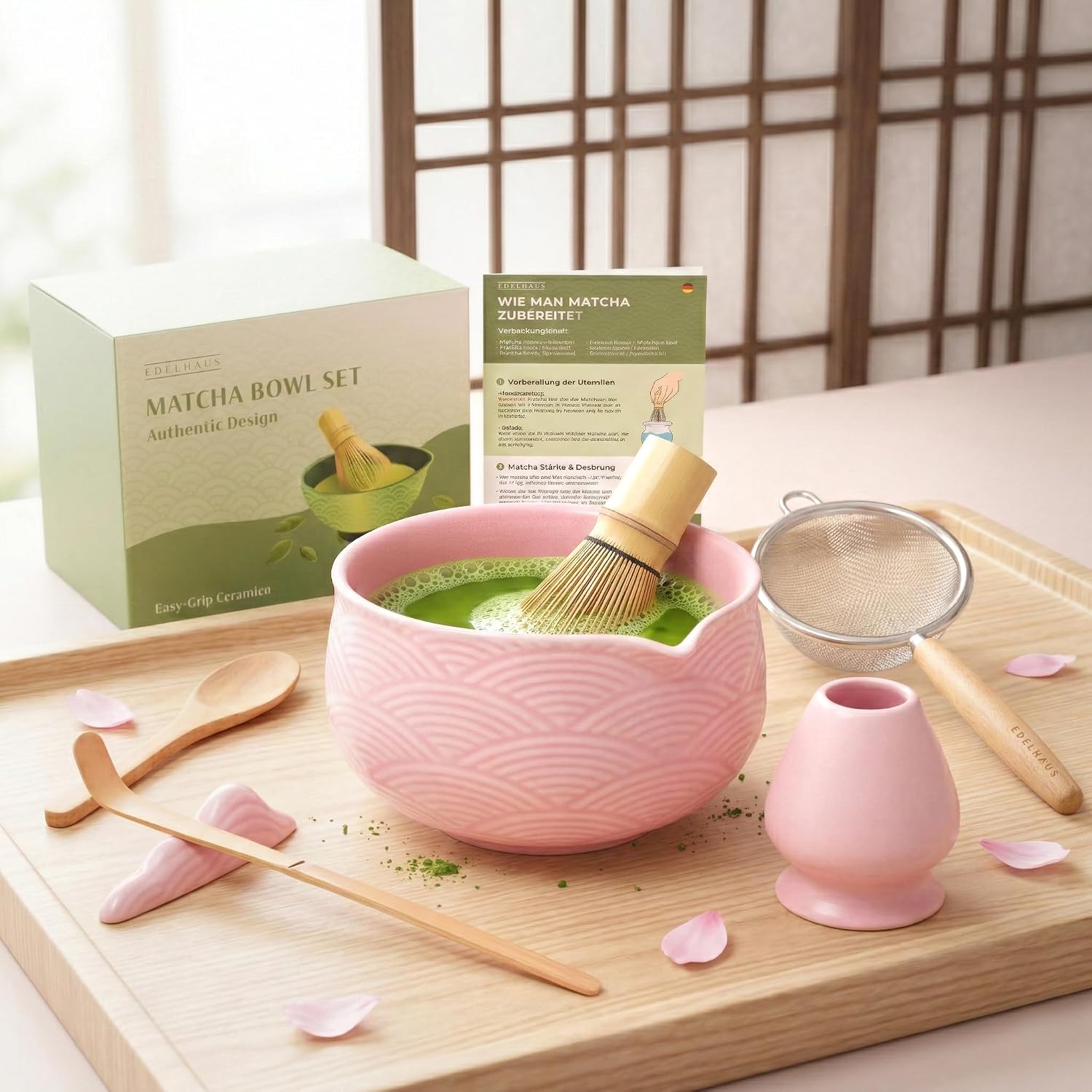 EDELHAUS Matcha Whisk Set, 7 Pcs Matcha Kit with Bowl - Sakura Pink
