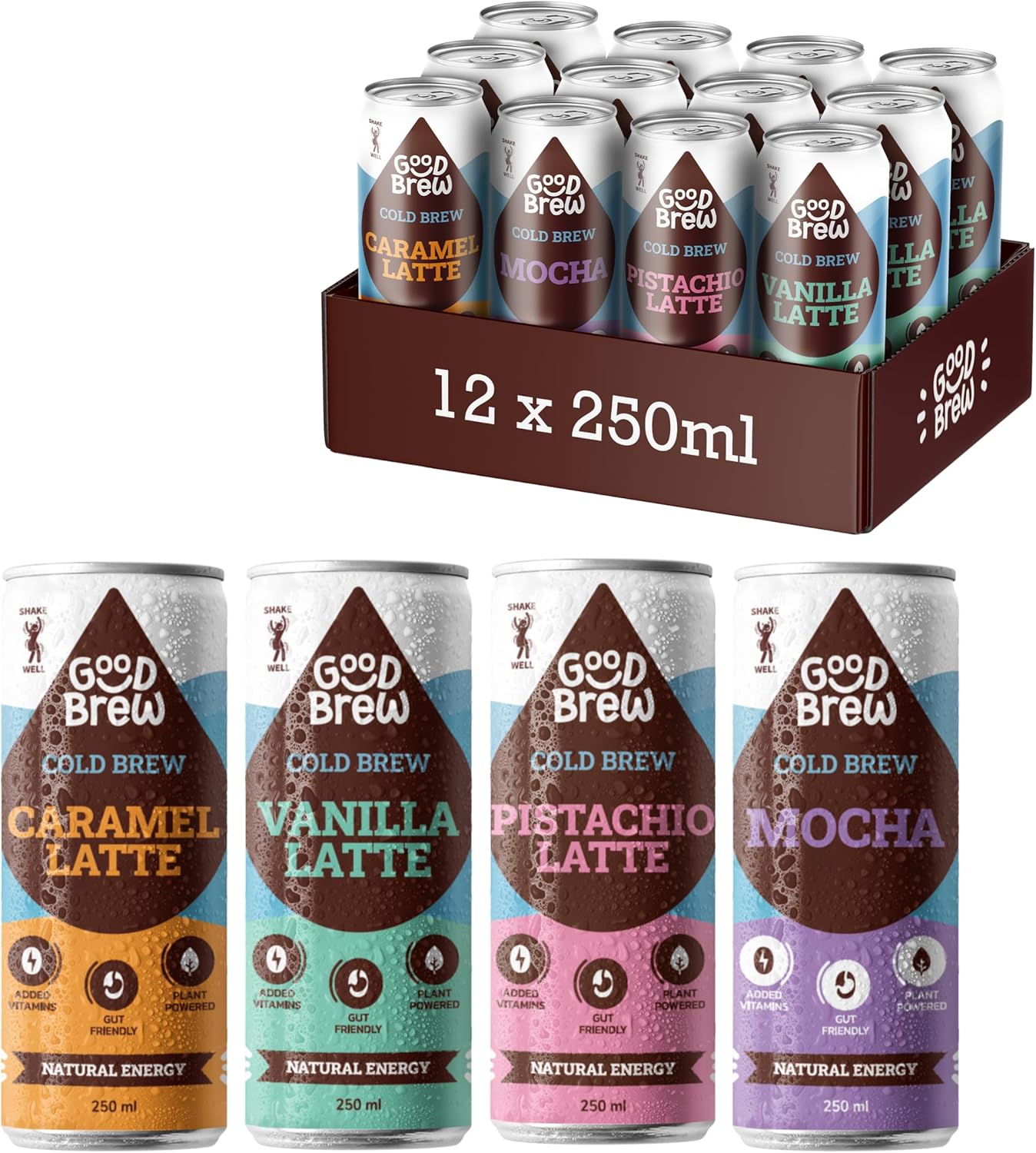 GoodBrew Cold Brew Iced Coffee Cans 4 Flavours - Oat Milk, Low Sugar, Plant Based, Dairy Free - With Gut-Friendly Fibre & Vitamins A, D & E - 12 x 250ml Cold Coffee Drinks Multipack