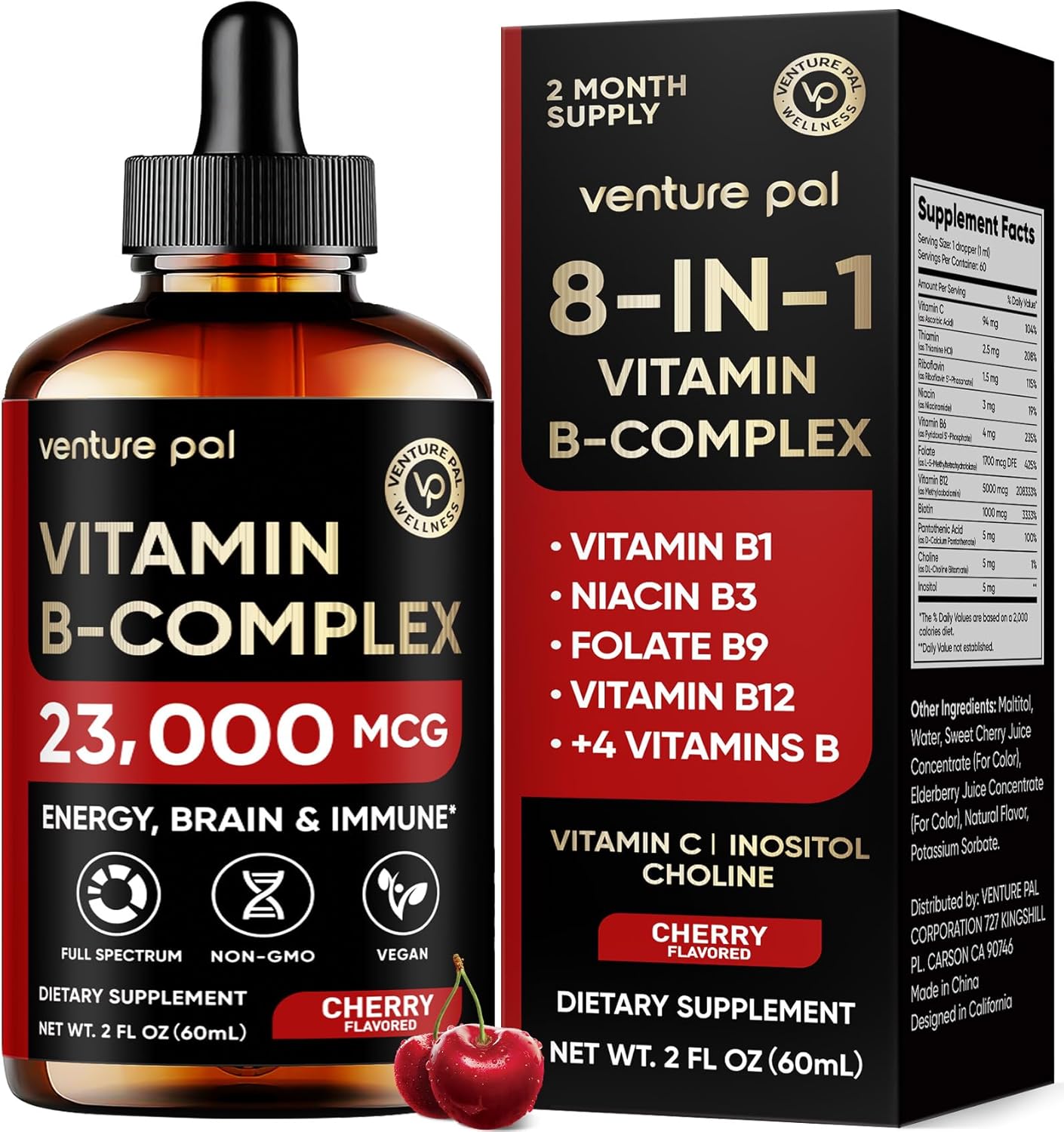 Venture Pal Vitamin B Complex Liquid Drops, B-Complex: B1, B2, B3, B5, B6, B7, B8, B9, B12 with Vitamin C, Choline, Inositol - Immune & Energy Metabolism, Cherry