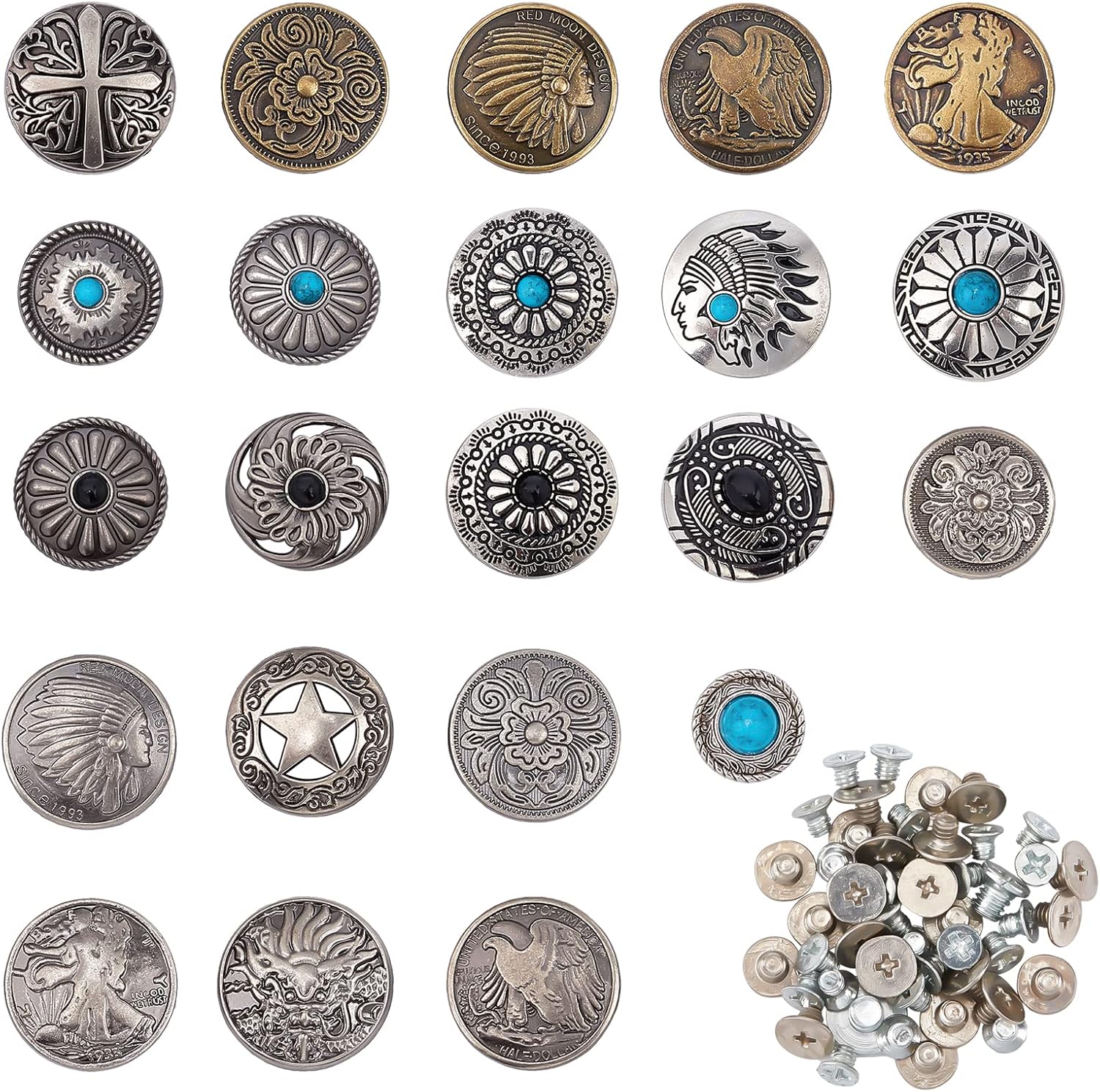 CHGCRAFT 22Pcs 22Styles Turquoise Screw Back Button Vintage Round Arabesque Button Decorative Indian Dragon Pentagram Replacement Buckle for DIY Leather Wallet Crafts, Antique Silver