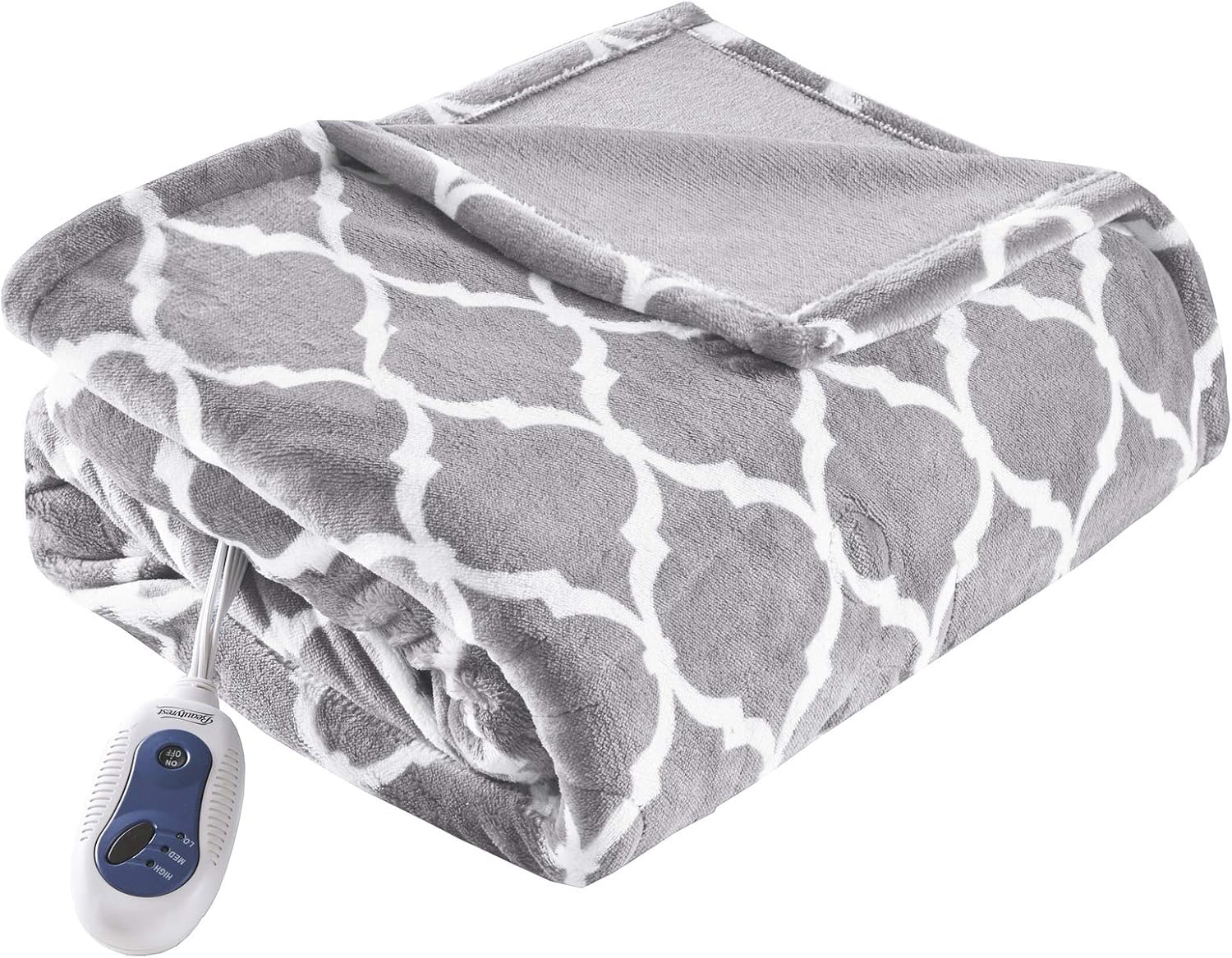 Beautyrest Ogee Printed Plush Electric Blanket for Cold Weather, Fast Heating, Auto Shut Off, Virtually Zero EMF, Multi Heat Setting, UL Certified, Machine Washable, Grey Oversized Throw 60x70