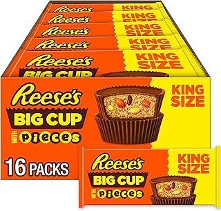 REESE'S Big Cup with Pieces Milk Chocolate King Size Peanut Butter Cups, Candy Packs, 2.8 oz (16 Count)
