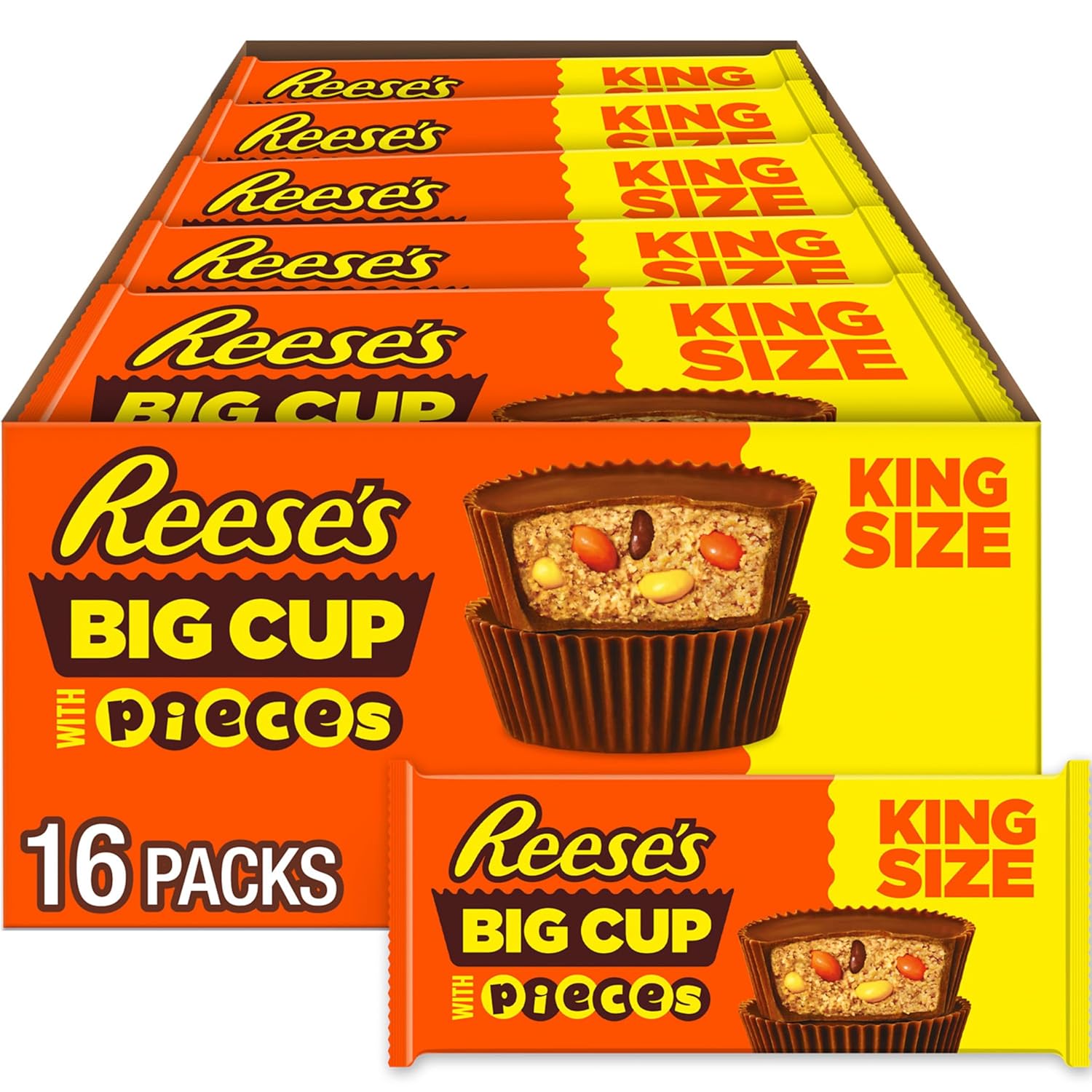 REESE'S Big Cup with Pieces Milk Chocolate King Size Peanut Butter Cups, Candy Packs, 2.8 oz (16 Count)