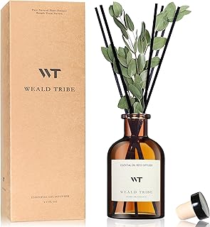 WEALD TRIBE Reed Diffuser Set for Bathroom Air Fresheners, Oil Diffuser Sticks with Flower | Eucalyptus & Mint Scent 4.0 fl oz Home Fragrance with Sticks Defusers | House Bedroom Office Shelf Decor