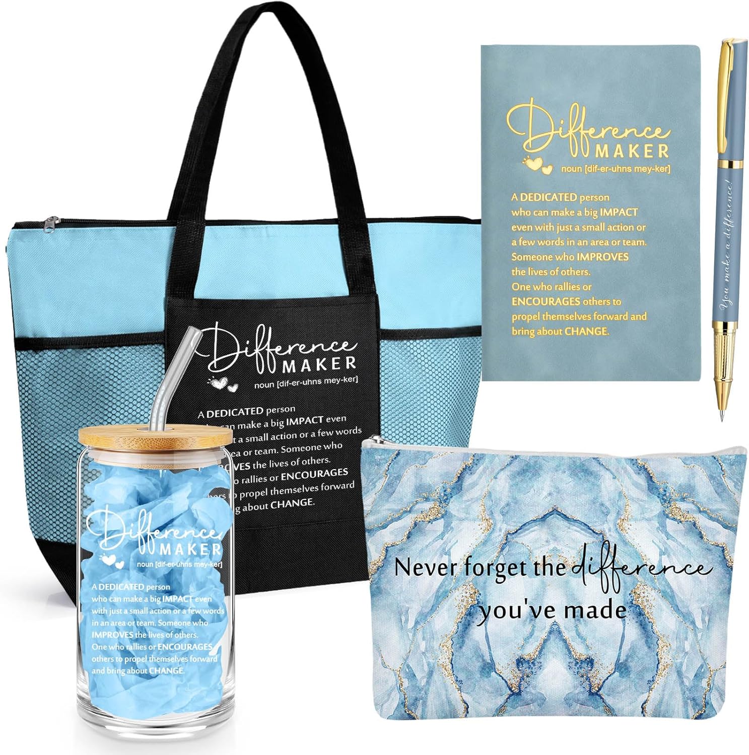 Meanplan 5 Pcs Difference Maker Gifts for Women Employee Appreciation Journal Inspirational Tumbler Tote Bag Makeup Bag You Make a Difference Pen Thank You Gifts for Lady Nurse Coworker Boss(Blue)